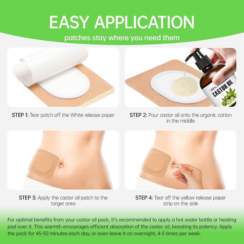 Castor Oil Patches Kit - 30 Pack Organic Cotton Wraps for Stomach & Liver Detox | Includes 8 oz Cold Pressed Castor Oil