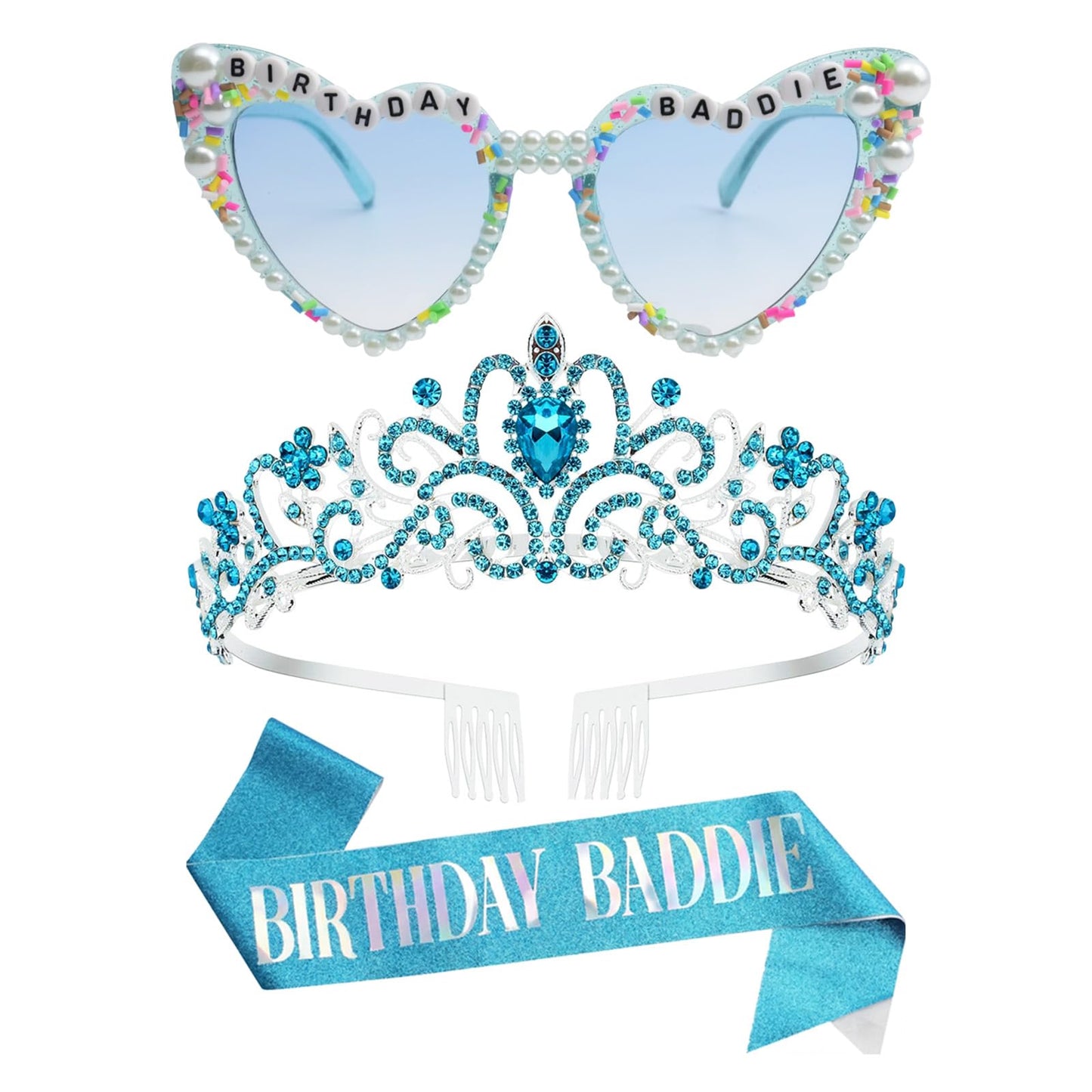 PcwBcn Birthday Baddie Glasses, Blue Birthday Queen Sash Tiara Crown for Women Girls, 3 Pcs Elegant Princess Headband Hair Accessories Happy Birth Party Decorations 21st-90th Mom Birth Gifts