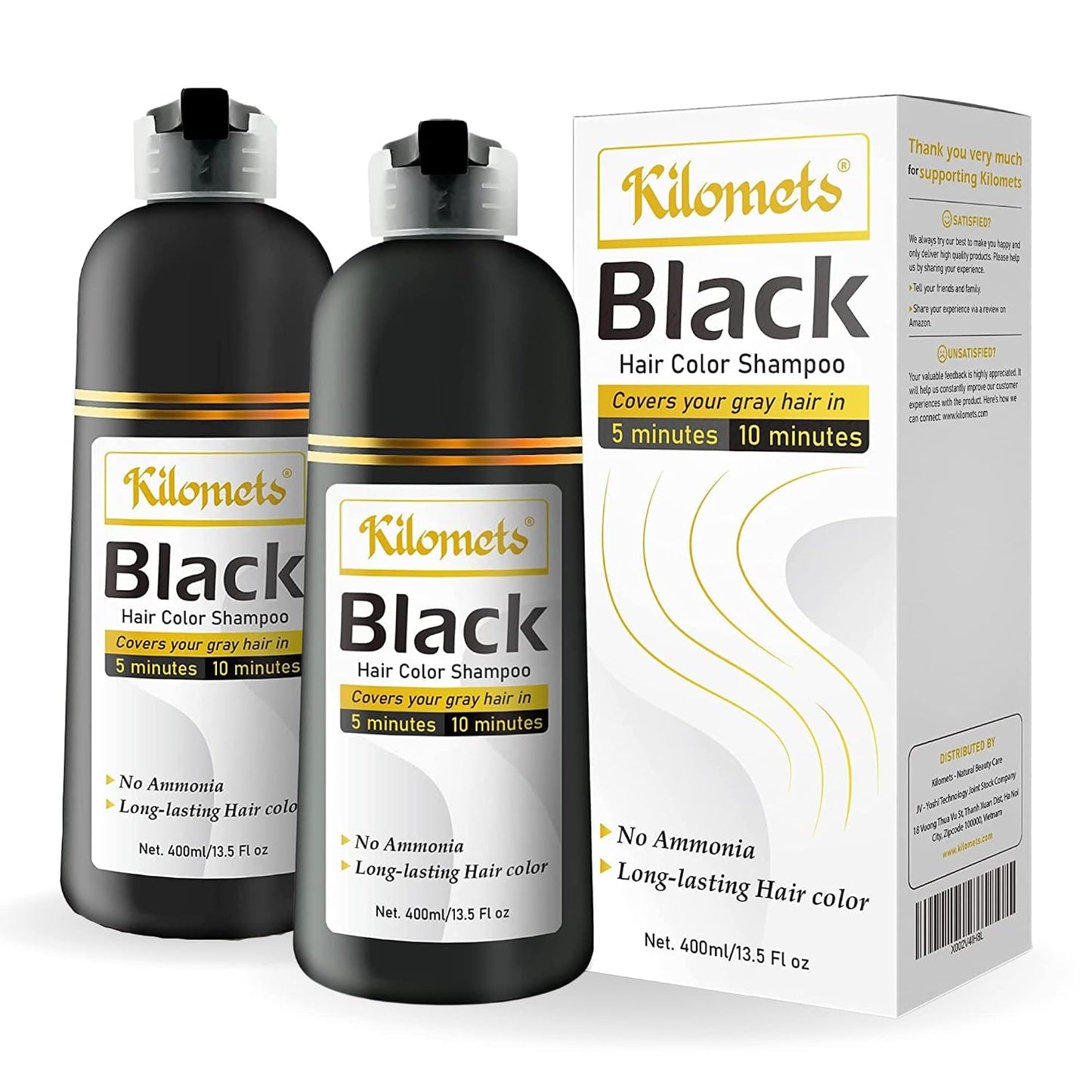Black Hair Dye Shampoo - 100% Grey Coverage, Ammonia-Free Formula | 400ml Instant Darkening Color for Silver Hair