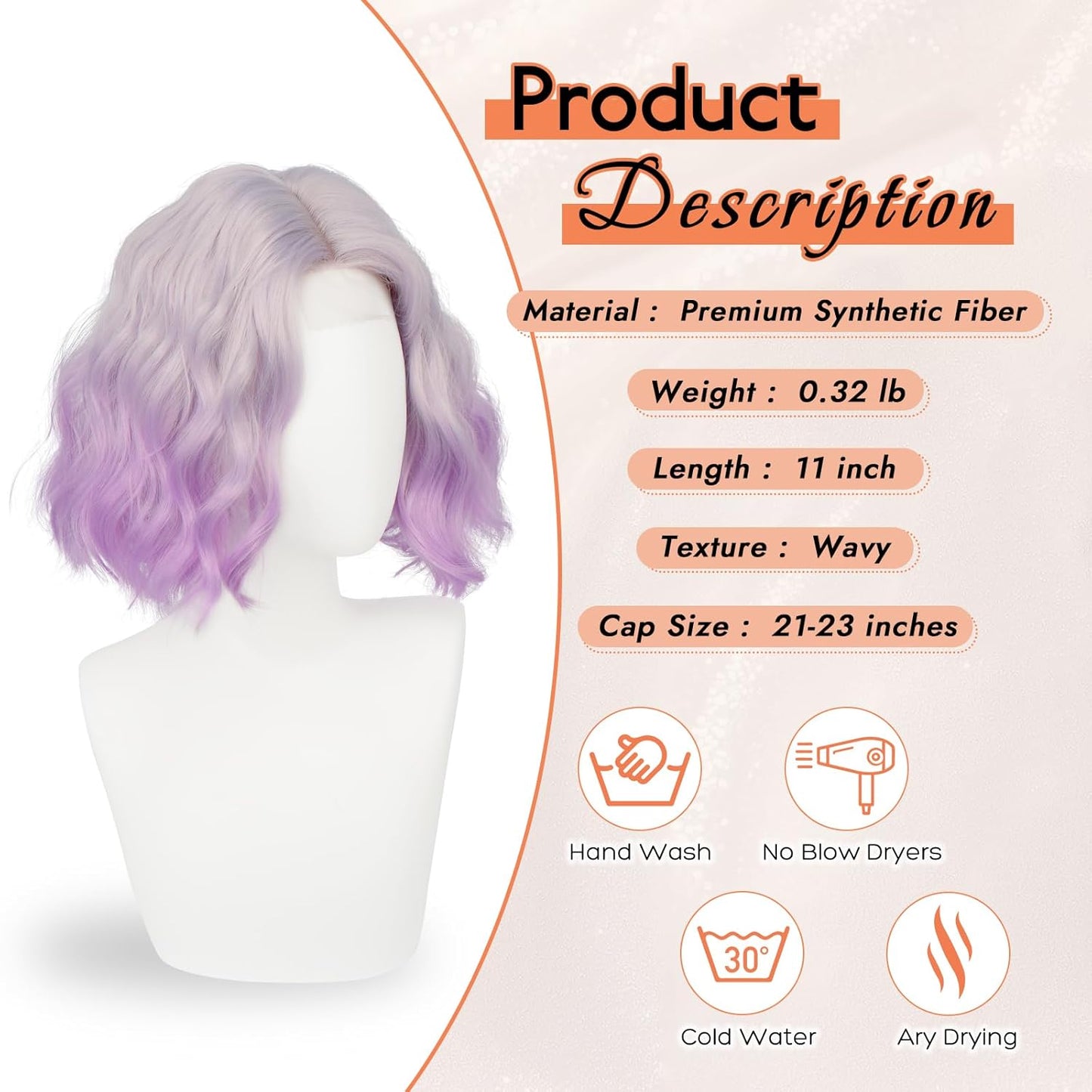 Purple Bob Wig for Women - Lace Front Short Soft Wavy Curly Synthetic Hair | 11 Inch Ombre Purple