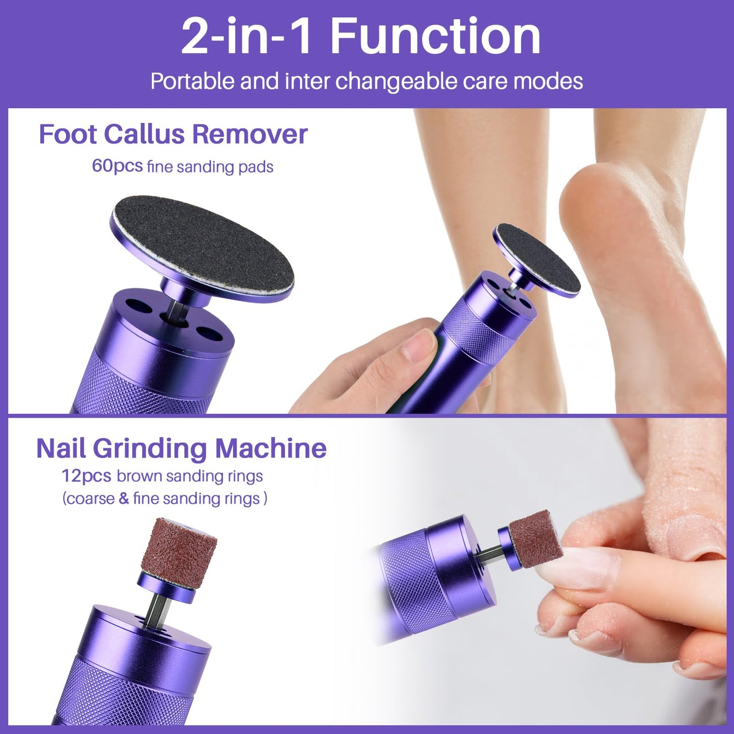 Electric Foot Callus Remover, 2-in-1 Electric Foot Filer/Nail Filer, Callus Remover for Feet with 60Pcs+12Pcs Sandpaper Discs，Holiday Gift Foot Repair Tool, Purple