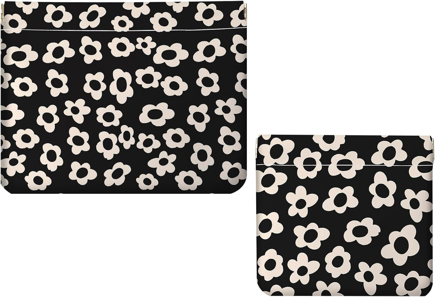 Small Makeup Bag Set - 2 PCS PU Leather Cosmetic Organizer | Portable Travel Toiletry Pouch for Women - Black Floral Design
