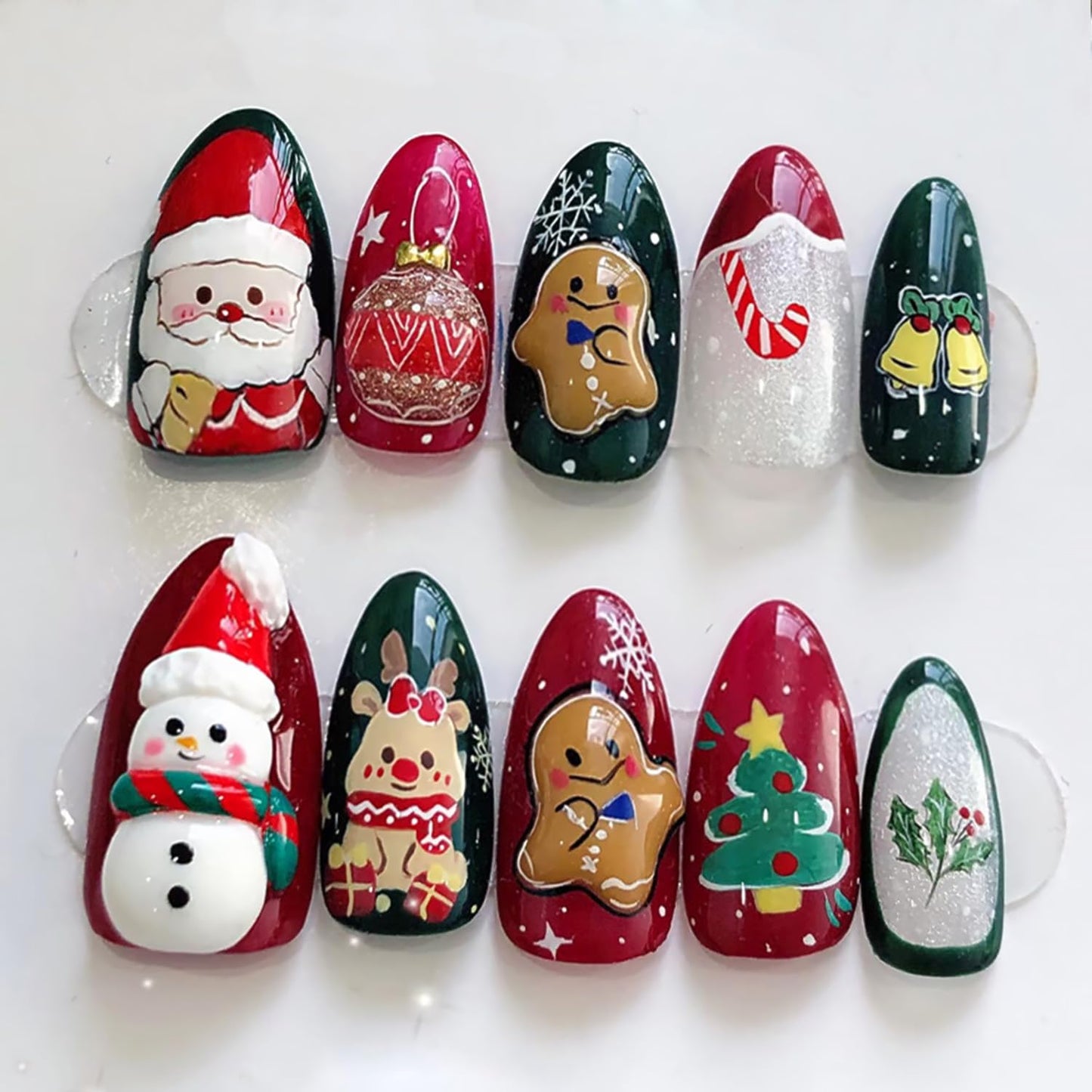 French Tip Press-On Nails - 24 Pcs Medium Almond with 3D Flower & Gold Rhinestones | Full Cover Nude Artificial Nails