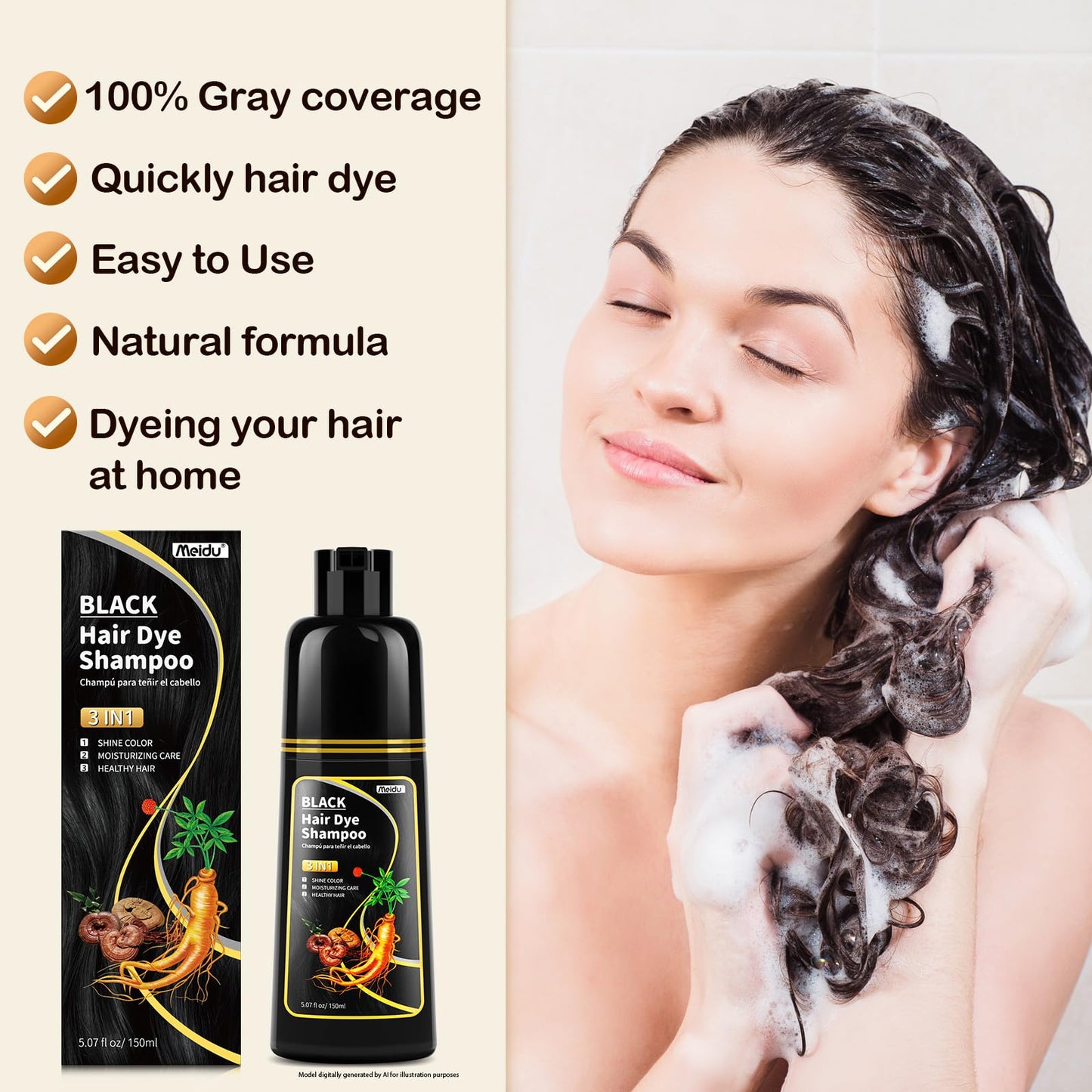 MEIDU Black Hair Dye Shampoo 3 in 1,Cover Gray Hairs,Herbal Ingredients,Contains Ginseng Extract,Natural Hair Coloring