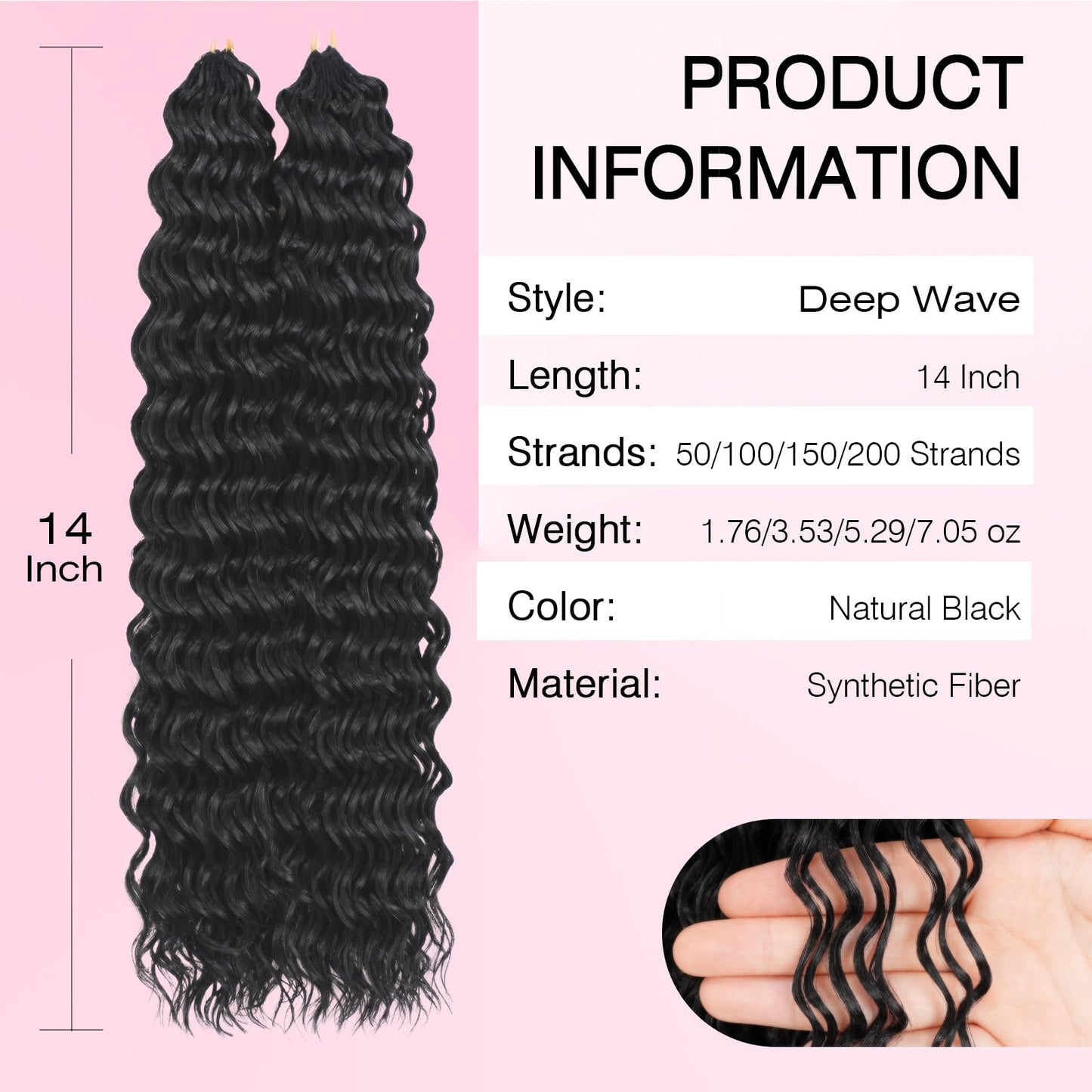 Miracle Knots Feather Crochet Hair (Deep Wave) - 14" Hand-Tied Synthetic Extensions, 120 Strands Soft Cotton Core Glue-Free Knotless Hair Pieces (Natural Black)
