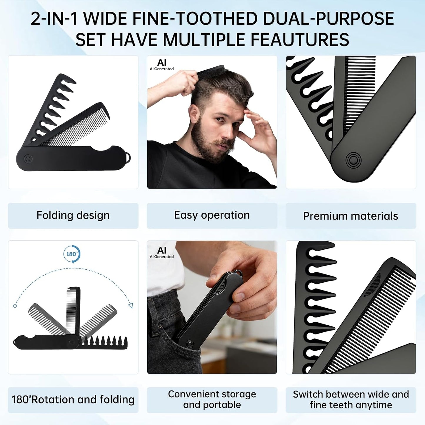 Volumizing Texture Comb Set for Men - Travel Folding Design | Dual-Purpose Wide & Fine-Toothed Comb