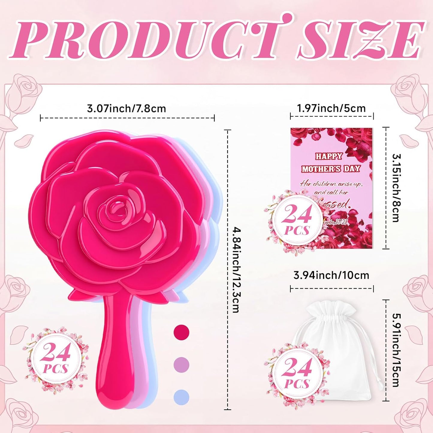 RattanView Handheld Rose Makeup Mirrors - Compact Floral Design | 24 Sets with Organza Bags for Women