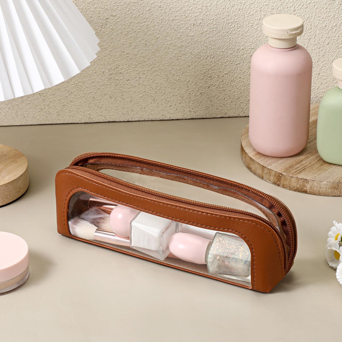 YQQYG Brown Makeup Brush Bag, Clear Makeup Bag Travel Makeup Brush Holder Toiletry Bag with Zipper, Cosmetics Makeup Bag Purse Organizer for Women