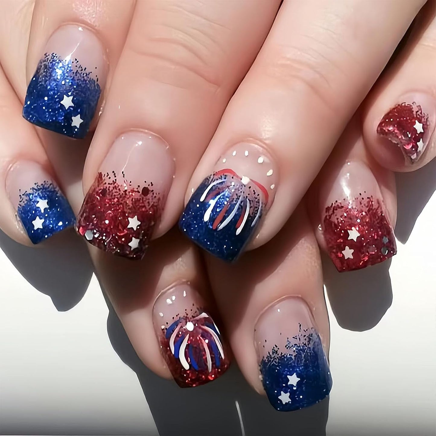 Press On Nails - Medium Square American Flag Glitter Design | 24Pcs Red, Blue & Gold 4th of July Fake Nails