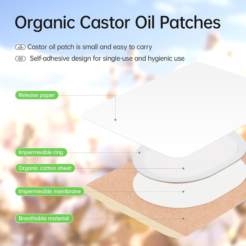 Castor Oil Patches Kit - 30 Pack Organic Cotton Wraps for Stomach & Liver Detox | Includes 8 oz Cold Pressed Castor Oil