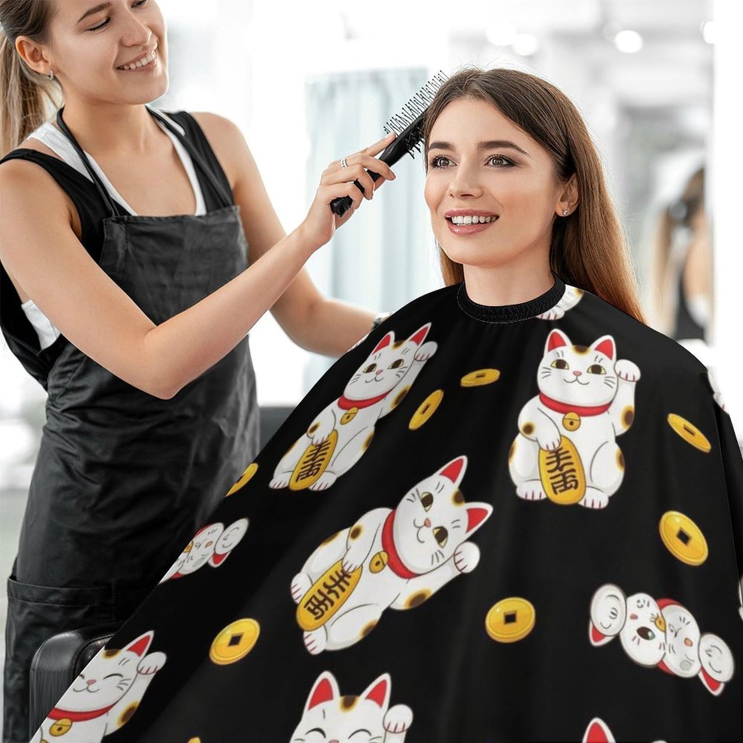Women's Professional Hair Cutting Cape with Adjustable, Japanese Lucky Cat Kitten Cats Black Closure Barber Cape