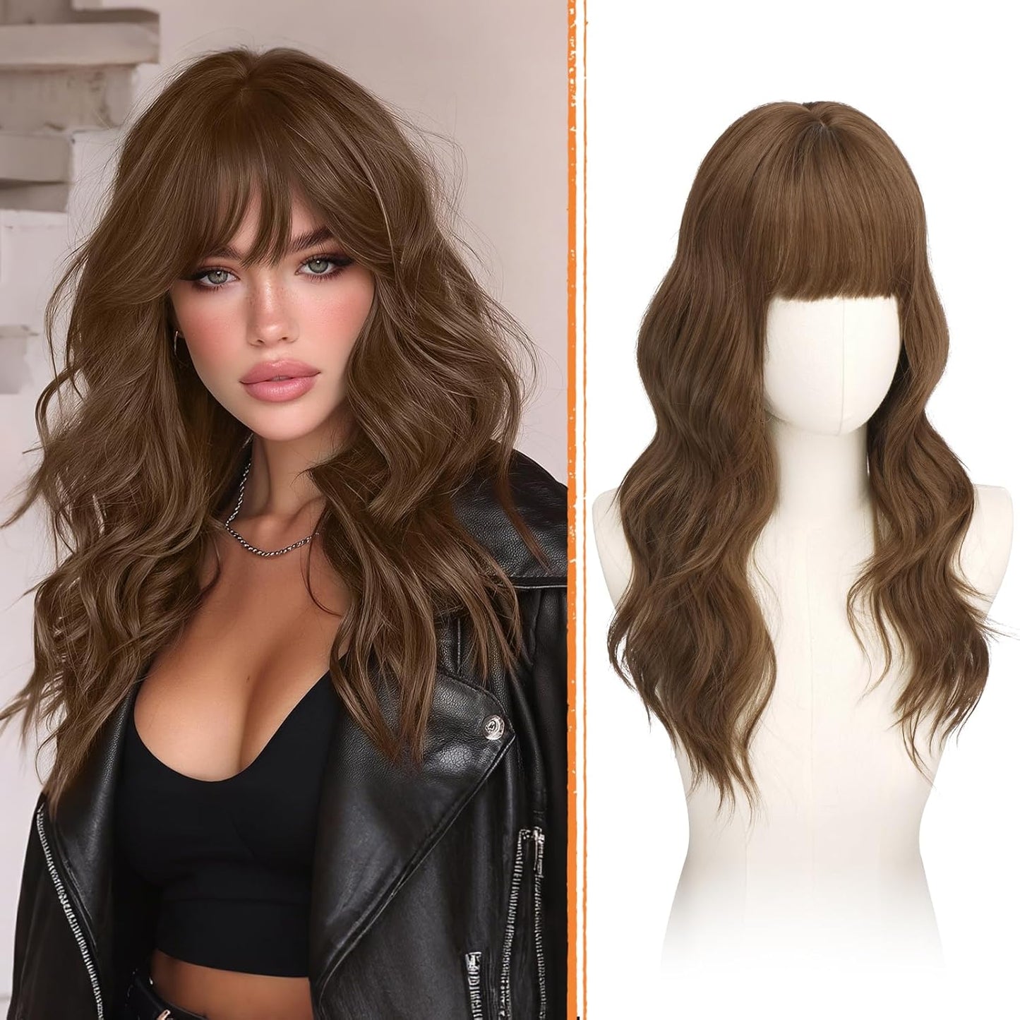 Brown Wigs with Bangs - 20-Inch Long Soft Wavy Synthetic Heat-Resistant Hair Wig for Women | Natural Look