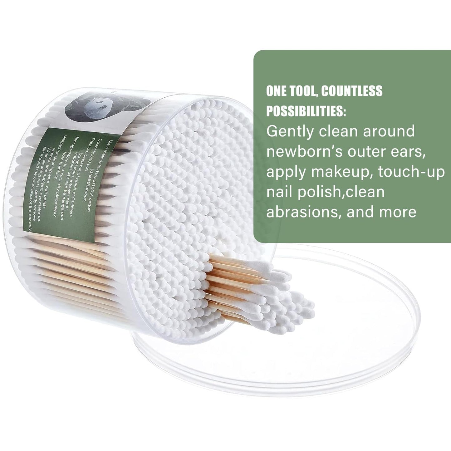 Double Round Thick Tips Cotton Swabs - 500 Count Bamboo Sticks | Fluffy Cotton Heads for Ears, Makeup & Crafts