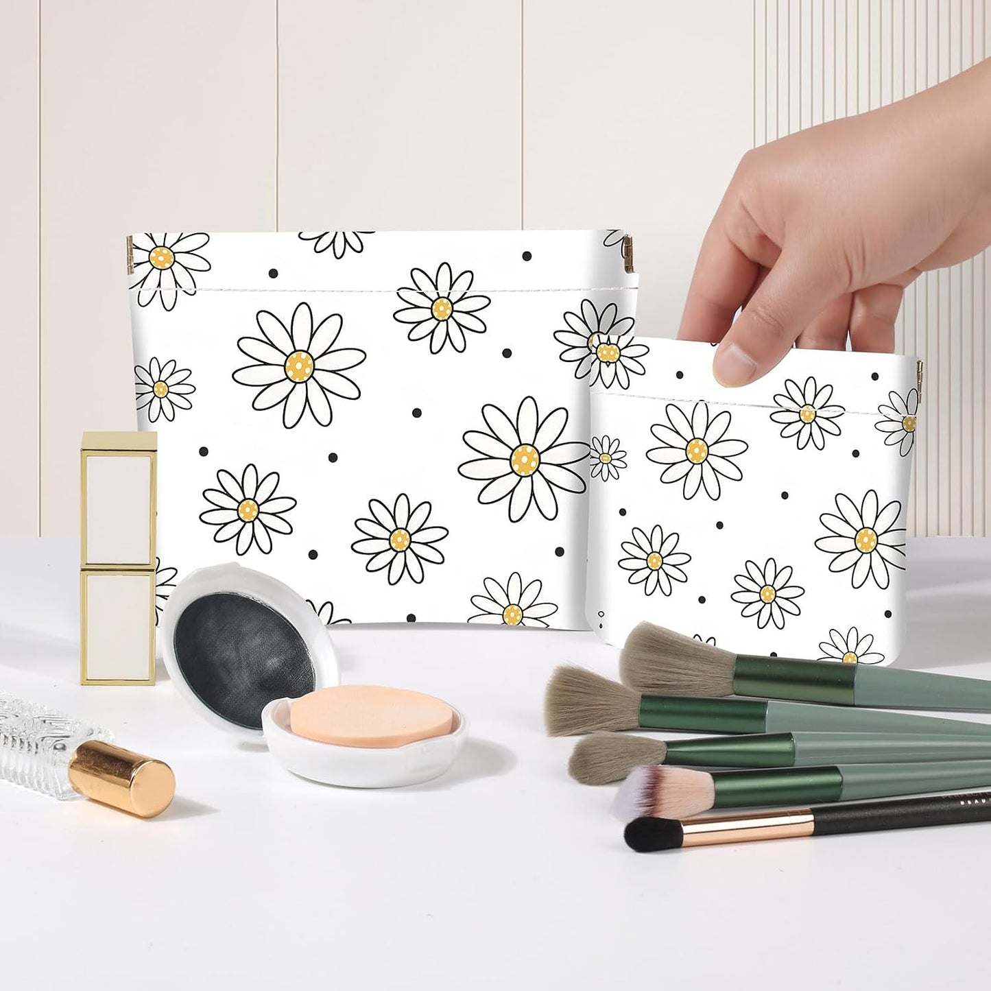 Small Makeup Bag Set - 2 PCS PU Leather Cosmetic Organizer | Portable Travel Toiletry Pouch for Women - Black Floral Design