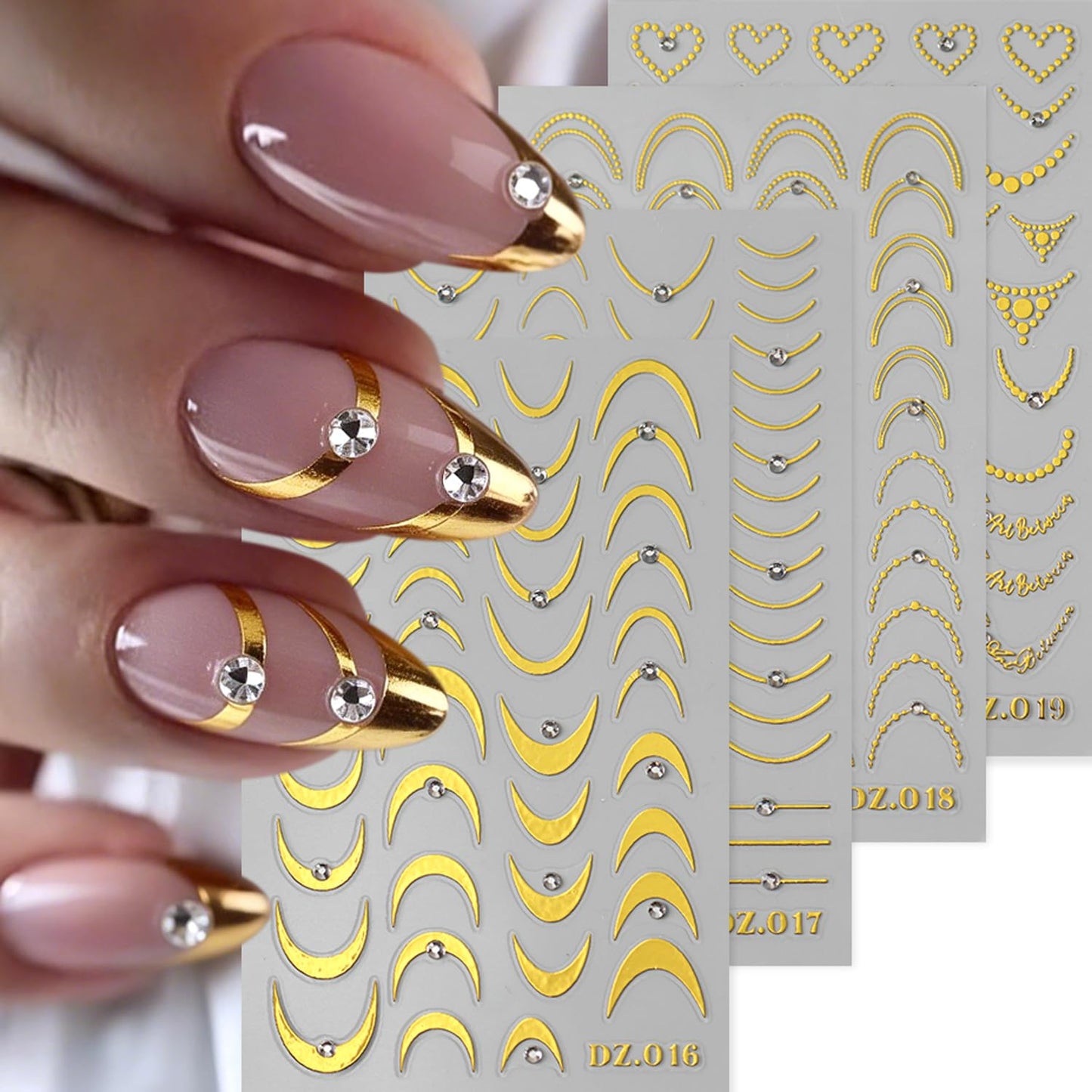 8PCS Line Nail Art Sticker Gold Silver Foil Nail Stickers Nail Art Supplies 3D Metallic Curve Stripe Wave Lines Nail Decals French Nail Design with Rhinestone Accessories Striping Tape Wavy Nail Decor