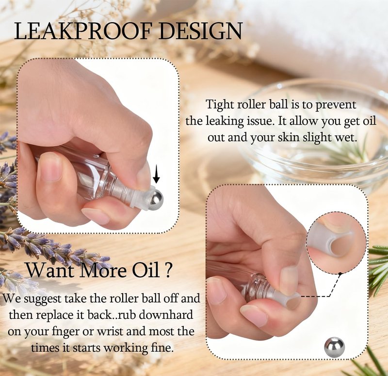 Amber Glass Oil Roller Bottles - 4 Pack 10ml Leak-Proof Refillable | Essential Oils & Perfume