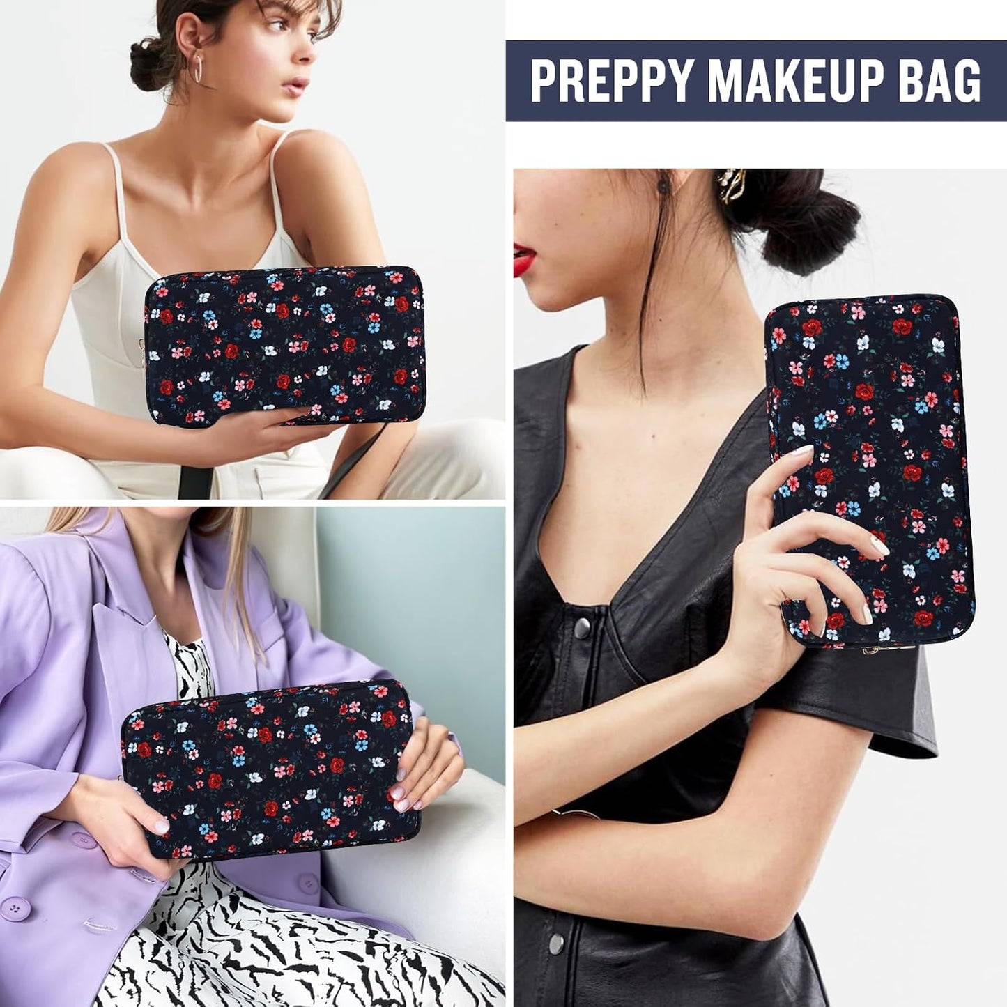 Floral Makeup Bag - Nylon Travel Cosmetic Organizer | Waterproof Zipper Pouch for Women (Green-Daisy)