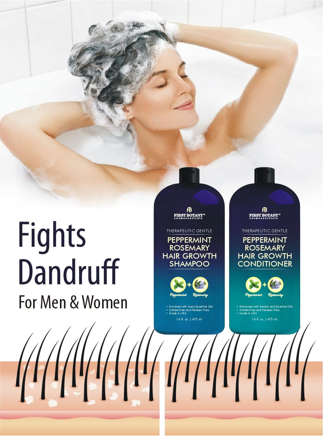 Peppermint Rosemary Hair Regrowth Shampoo & Conditioner Set - Daily Hydrating, Detoxifying, Volumizing | 16 fl oz x 2