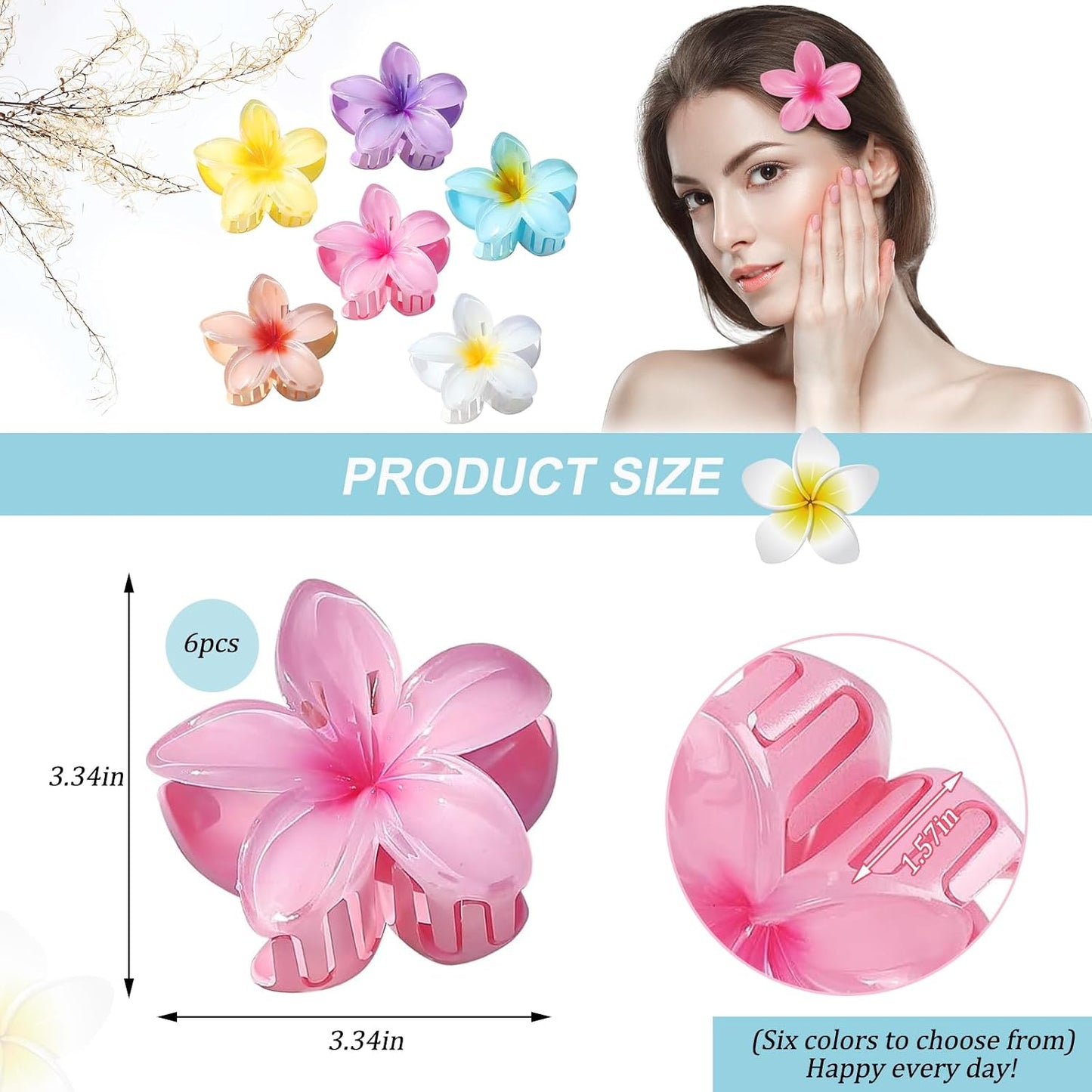 Hawaiian Flower Hair Clips - 6 Pcs Nonslip Plumeria & Daisy Beach Accessories | Strong Hold for Women
