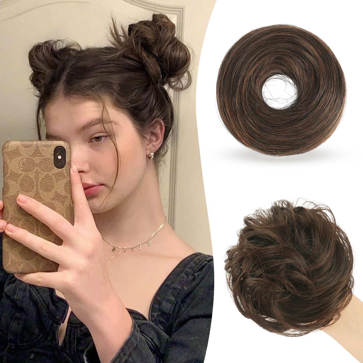 SOFEIYAN 2PCS Messy Bun Hair Piece Wavy Curly Chignon Extension Mini Messy Hair Bun Scrunchies Synthetic Donut Wig Accessory Updo Space Bun Hair Pieces for Women Girls, Brown&Light Auburn Mixed