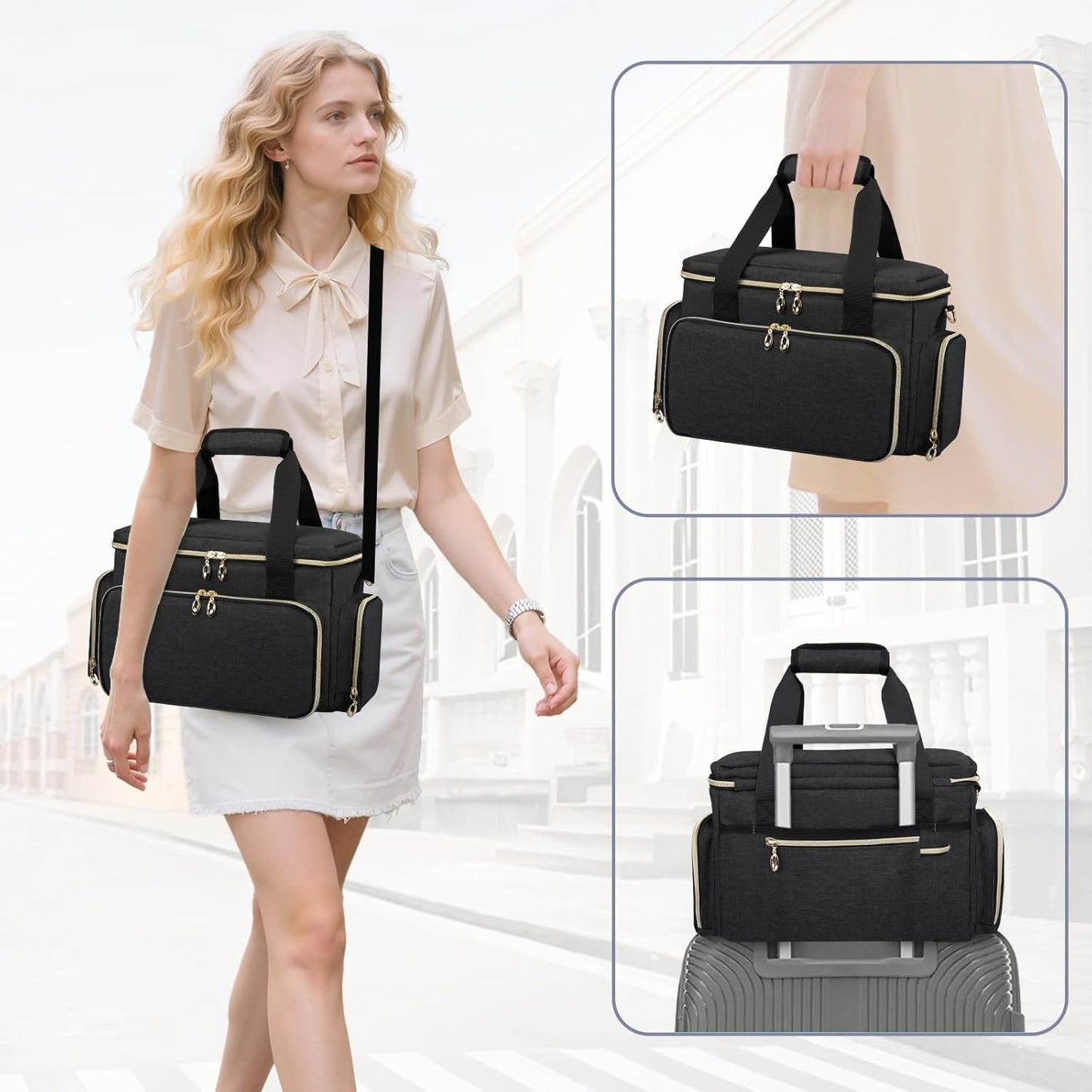 Large Makeup Bag Organizer - Portable Travel Cosmetic Case for Women | 2 Removable Pouches & Detachable Dividers - Black