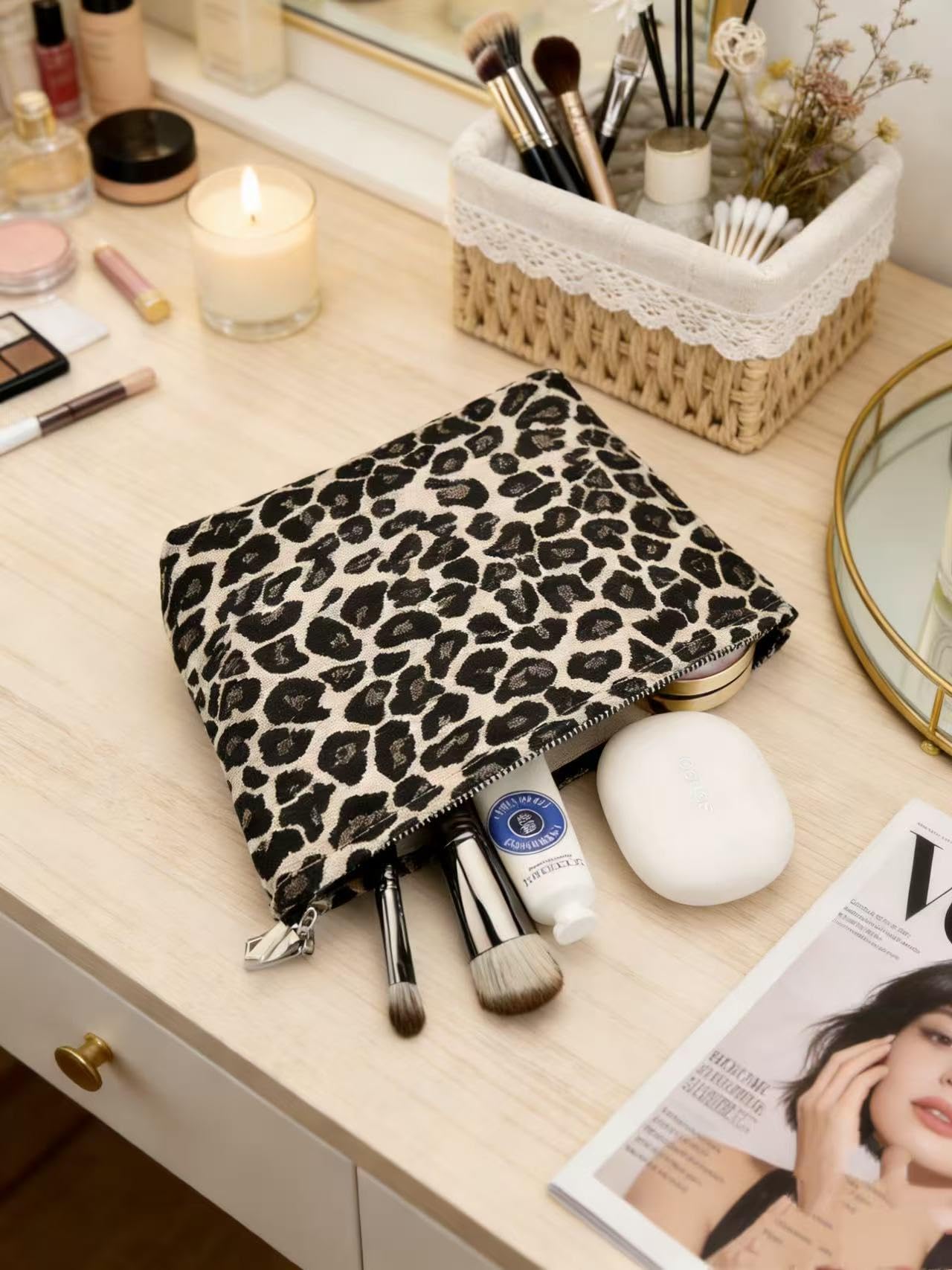 RIKMOXR Brown Leopard Canvas Makeup Bag Organizer for Women & Girls - Large Capacity Travel Toiletry Pouch | Purse Organizer Cosmetic Zipper Bag