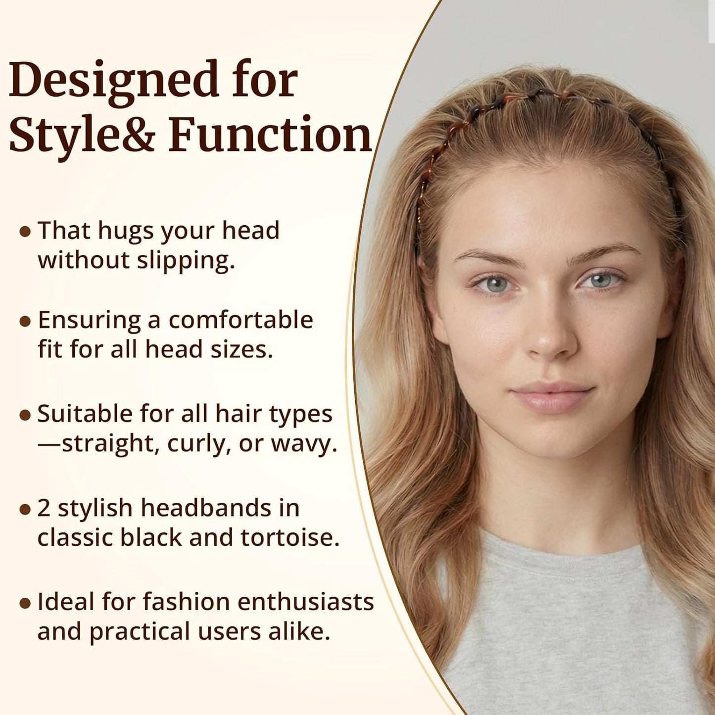 Zig Zag Headbands for Women - Classic 90s Non-Slip Hair Bands | 2 Pack Black & Brown for Curly Hair & Everyday Use