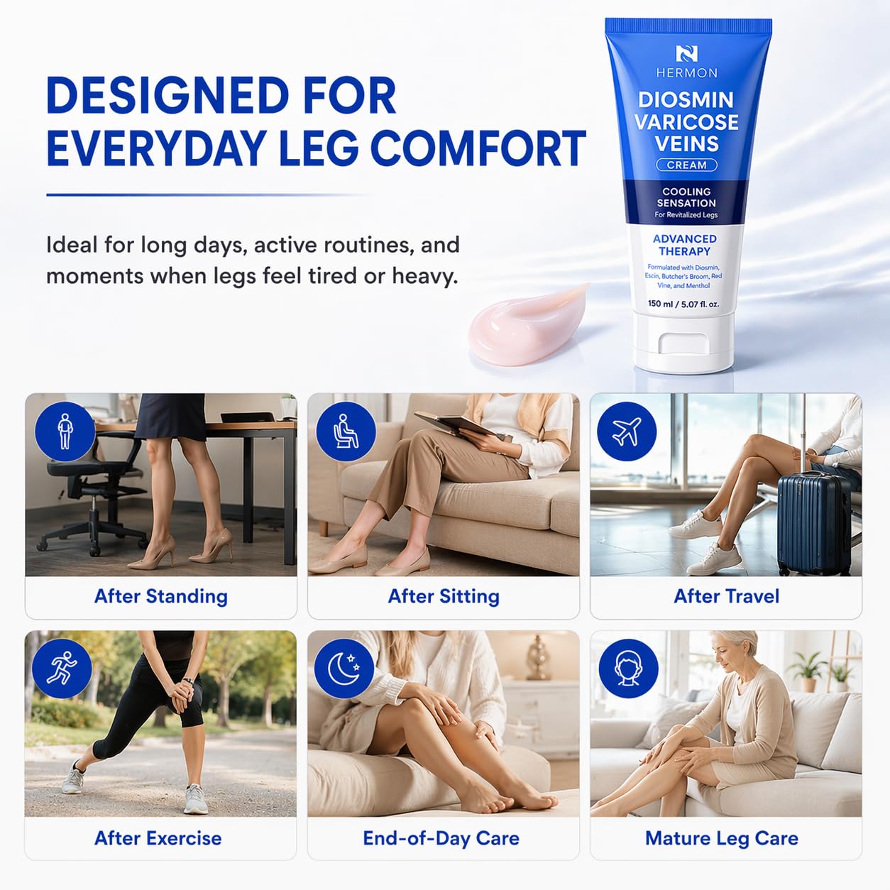 Hermon Diosmin Legs Gel Cream – Natural Botanical Moisturizer for Smooth, Nourished Skin – Lightweight, Fast-Absorbing Formula Made in Italy (5.07 Fl Oz)