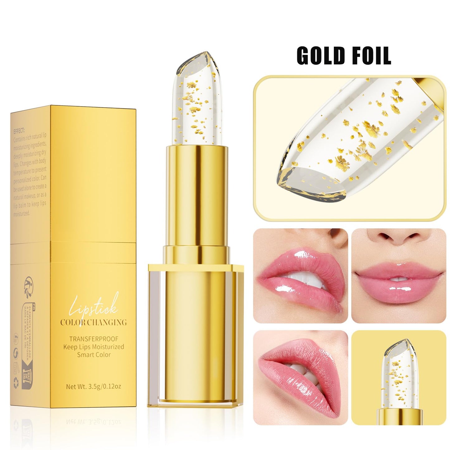 DENESTUP Color Changing Lipstick, Clear Lipstick Gold Foil Crystal Ph Adjusting Lip Stick, Color Changing Ph Lip Balm, True Tone Ph Adjusting Lipsticks for Women