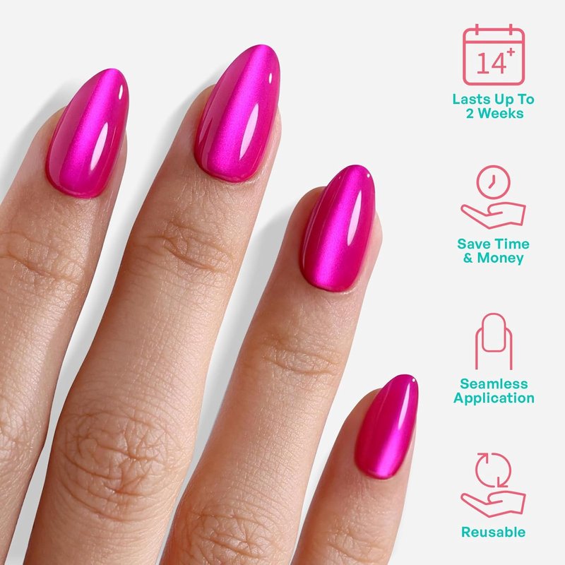 Almond Cat Eye Press-On Nails - Hot Pink Soft Gel | 32 Pcs Reusable Fuchsia Stick-On Nails, 16 Sizes Available