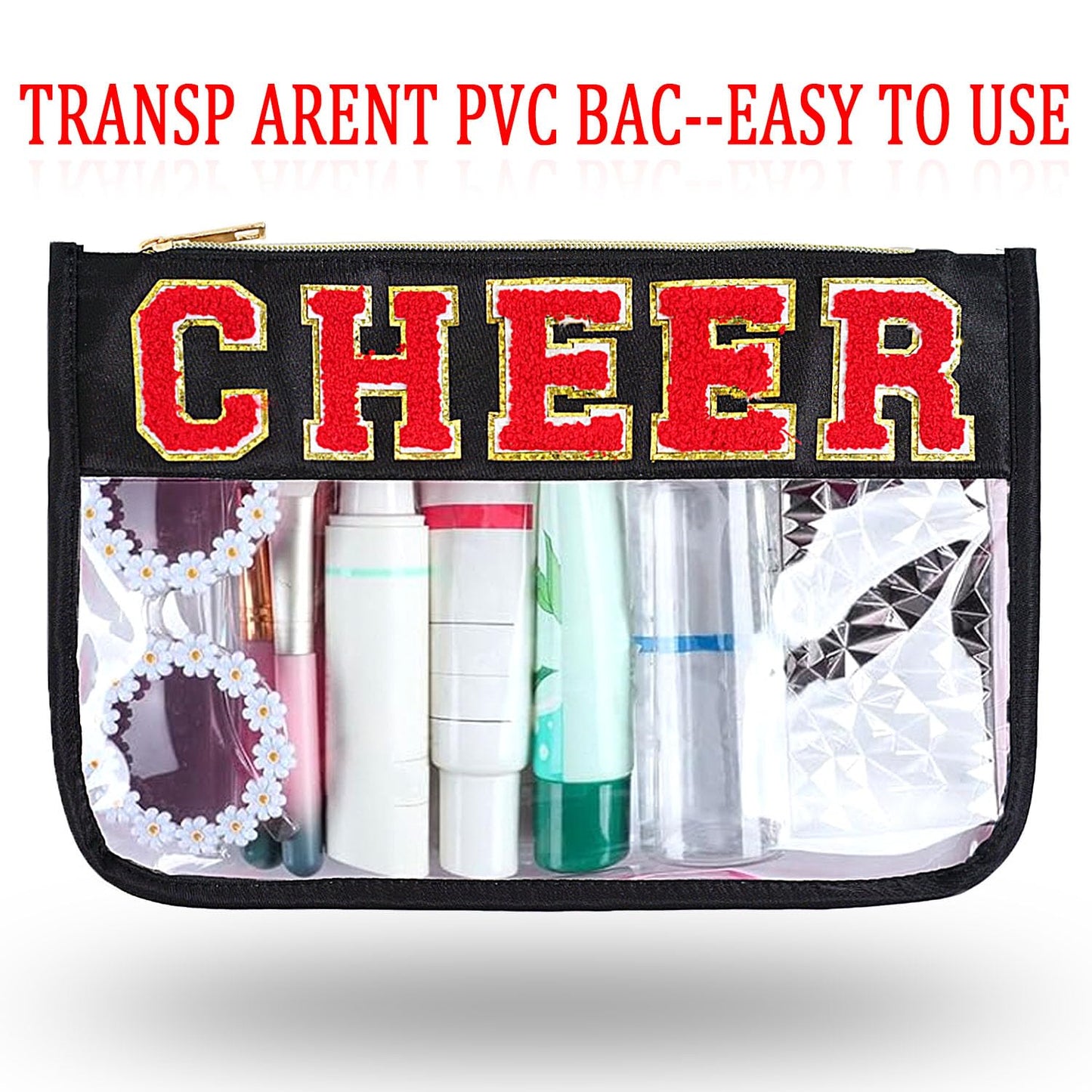 Jeffan 1 Pieces Black Cheer Gifts Chenille Letter Cheer Bags Patch Makeup Bag Flat Clear Pouch Cheerleading Gifts for Girls Cheer Teams