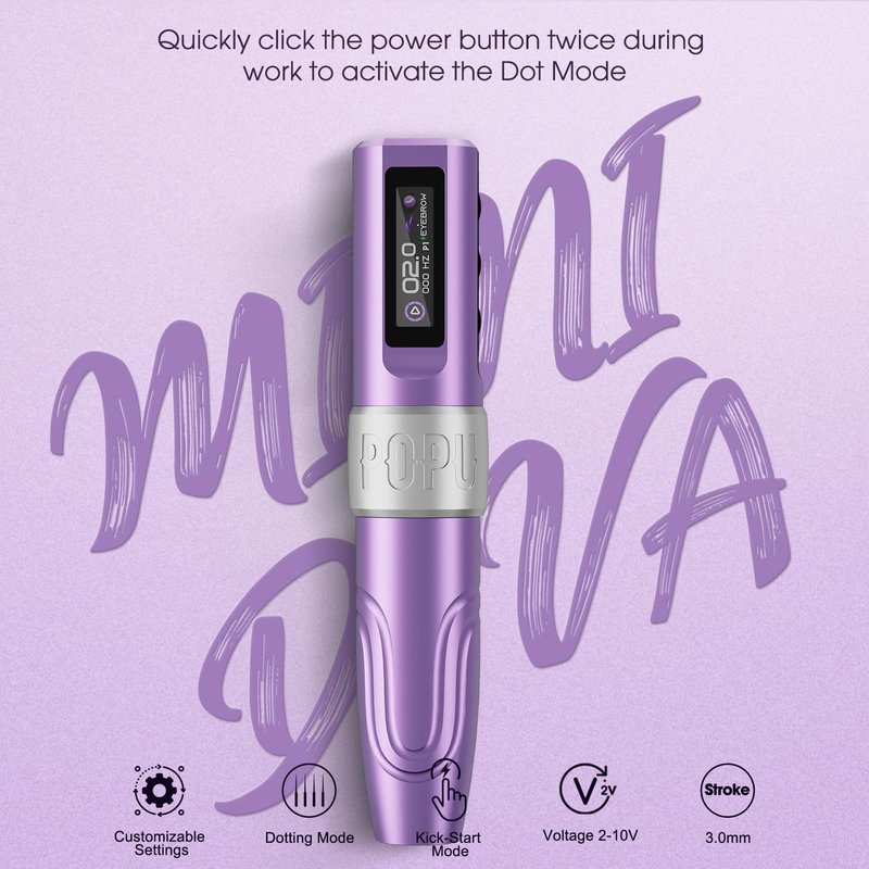 POPUPMU Wireless Tattoo Gun 3.0mm Stroke 2V Start-up PMU Rotary Tattoo Pen with Coreless Motor OLED Display Extra 800mAh Battery for HairStrokes Lips Professional Tattoo Artist Supply Pink(MINI DIVA)
