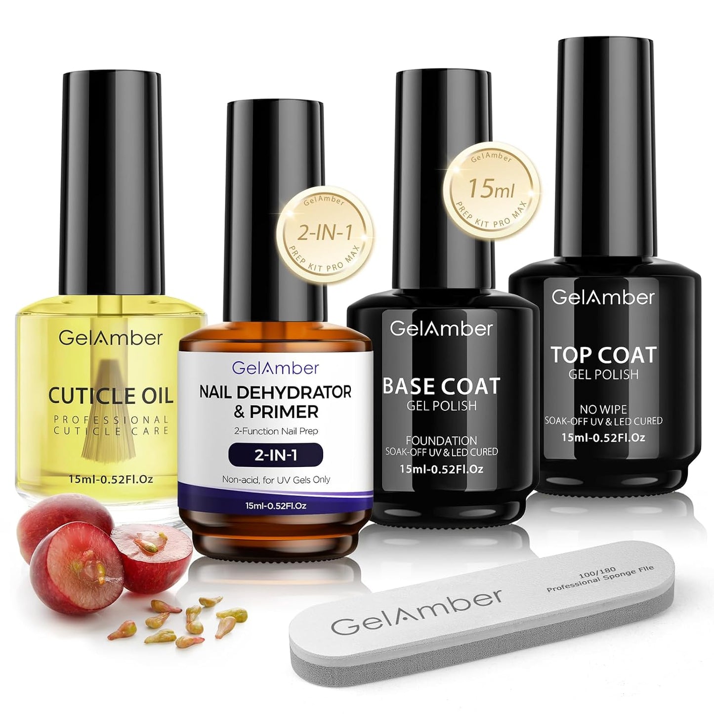 Nail Dehydrator and Primer 2-in-One Set - 15ml Gel Base, Top Coat, Cuticle Oil & Nail File | Acid-Free Essentials for Long-Lasting Manicure