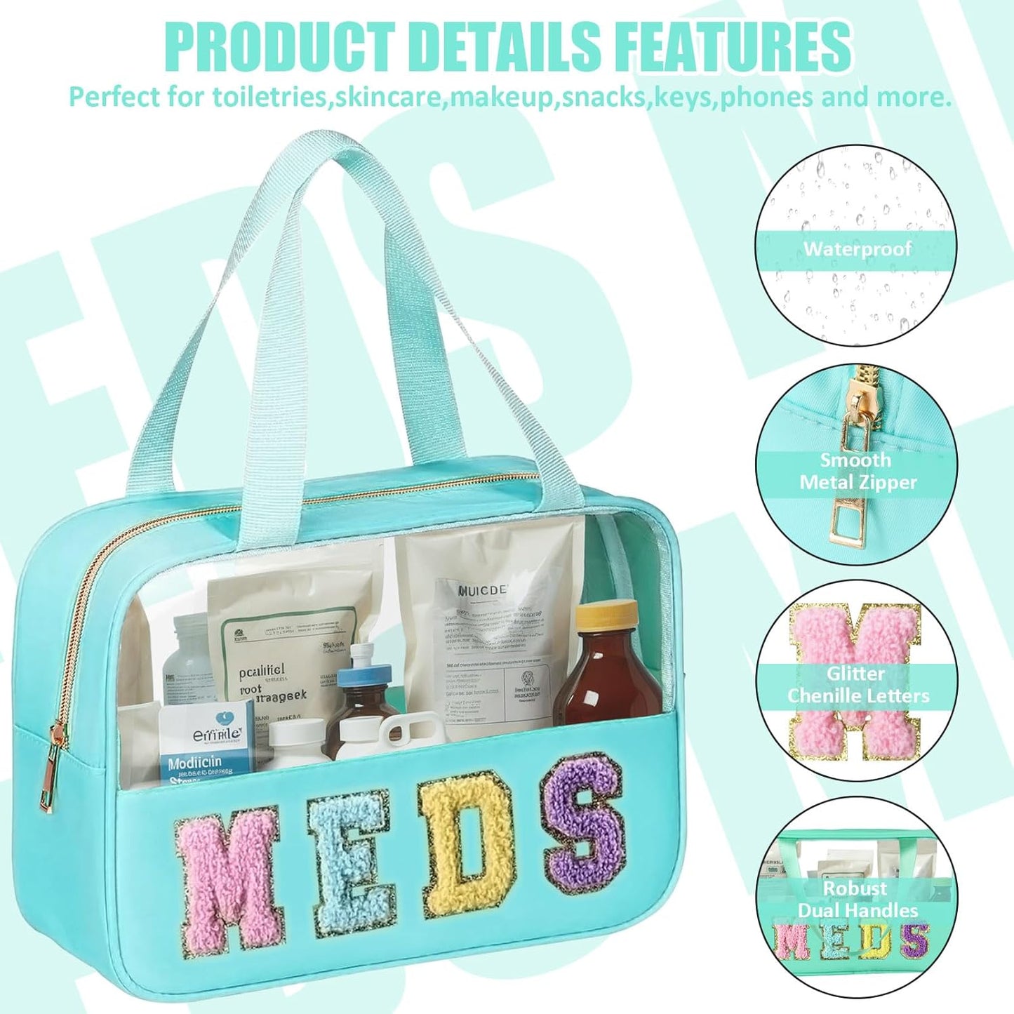 Chenille Letter Patch Clear Travel Bag - Waterproof PVC & Nylon Makeup Organizer | Large Capacity for Women & Girls
