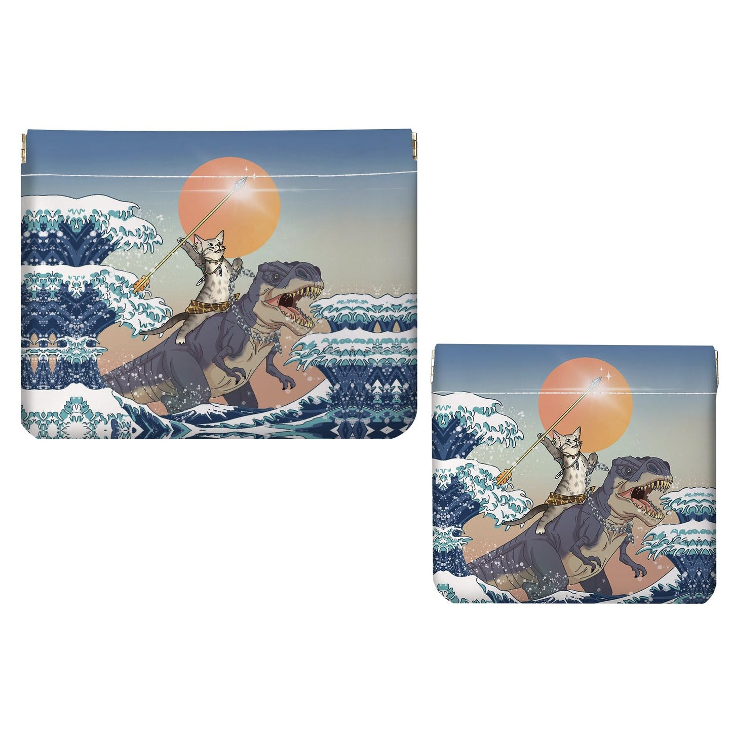 2 PCS PU Leather Small Makeup Bag Set for Purse,No Zipper Self-closing Cosmetic Bag, Portable Coin Purse Lipstick Accessories Organizer Travel Toiletry Storage Pouch for Women,Cats and Dinosaurs