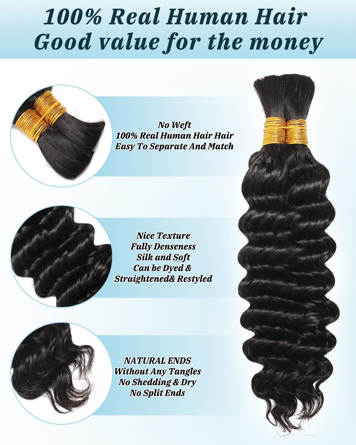 Flagship Human Braiding Hair for Boho Braids,Human Braiding Hair 16inch 100g Deep Wave Human Hair 2 Bundles