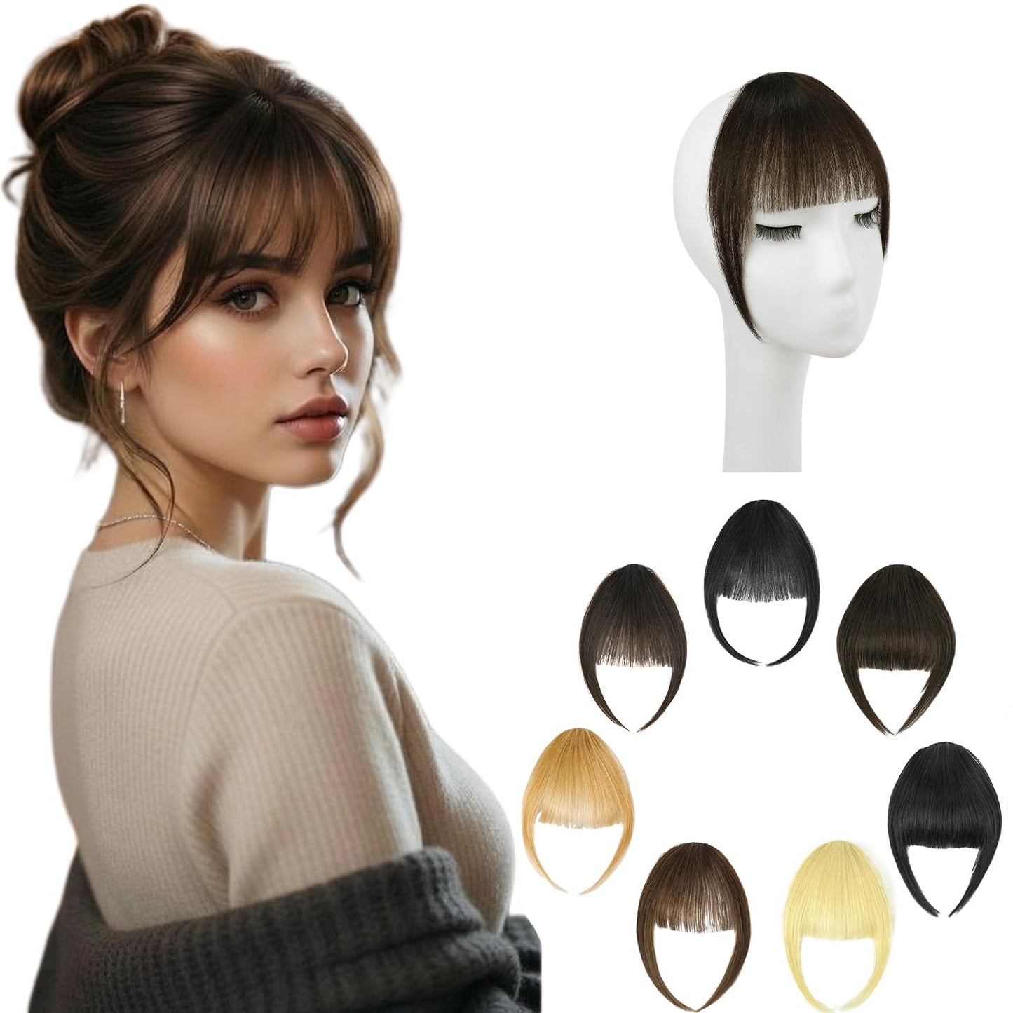 Real Human Hair Clip-In Bangs - Natural Black Soft Layered Hairpieces for Daily Wear | Feathered Fringe Style