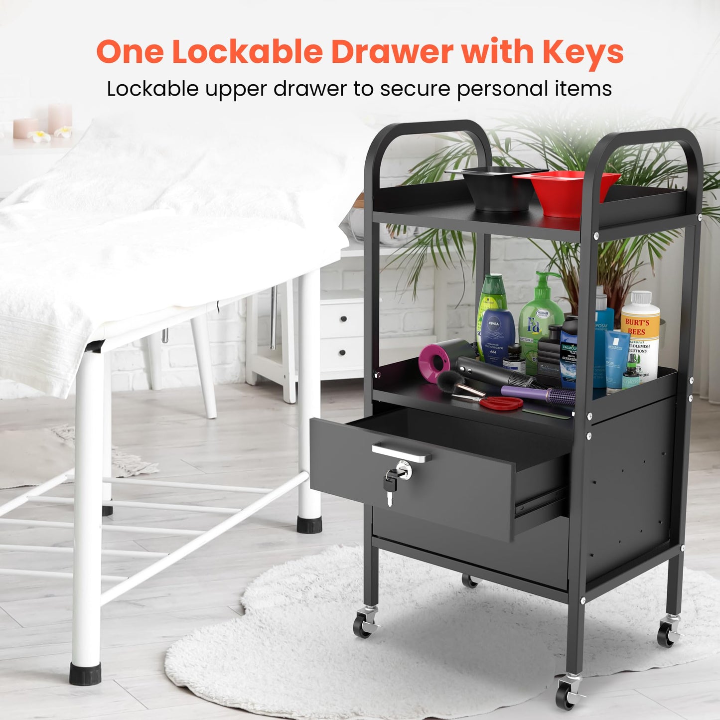 TASALON Metal Salon Trolley Cart with Wheels & Lockable Drawers – 4-Tier Hair Stylist Rolling Tray Cart, Barber & Esthetician Station Organizer, Beauty Salon Equipment & Spa Storage Cabinet