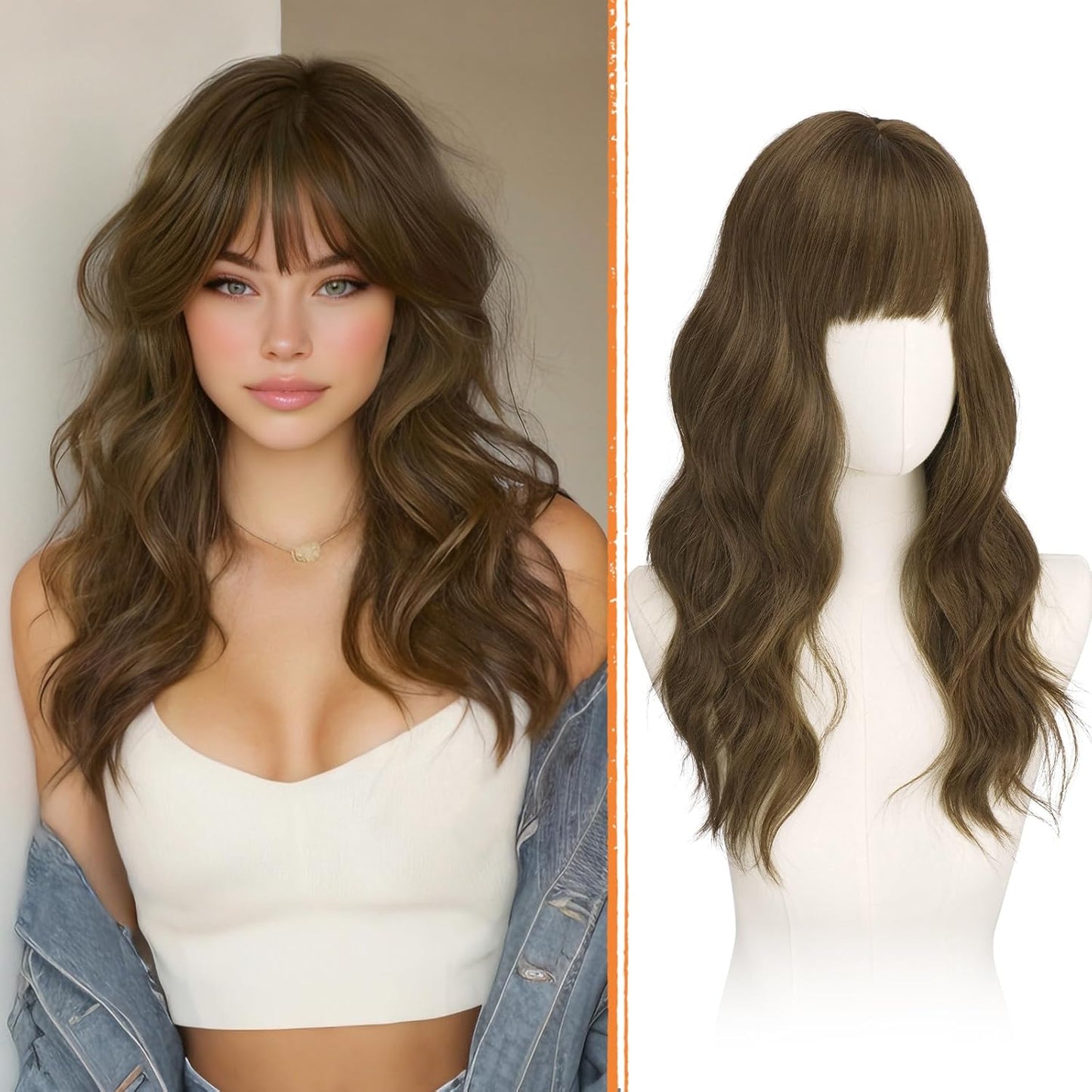 Brown Wigs with Bangs - 20-Inch Long Soft Wavy Synthetic Heat-Resistant Hair Wig for Women | Natural Look