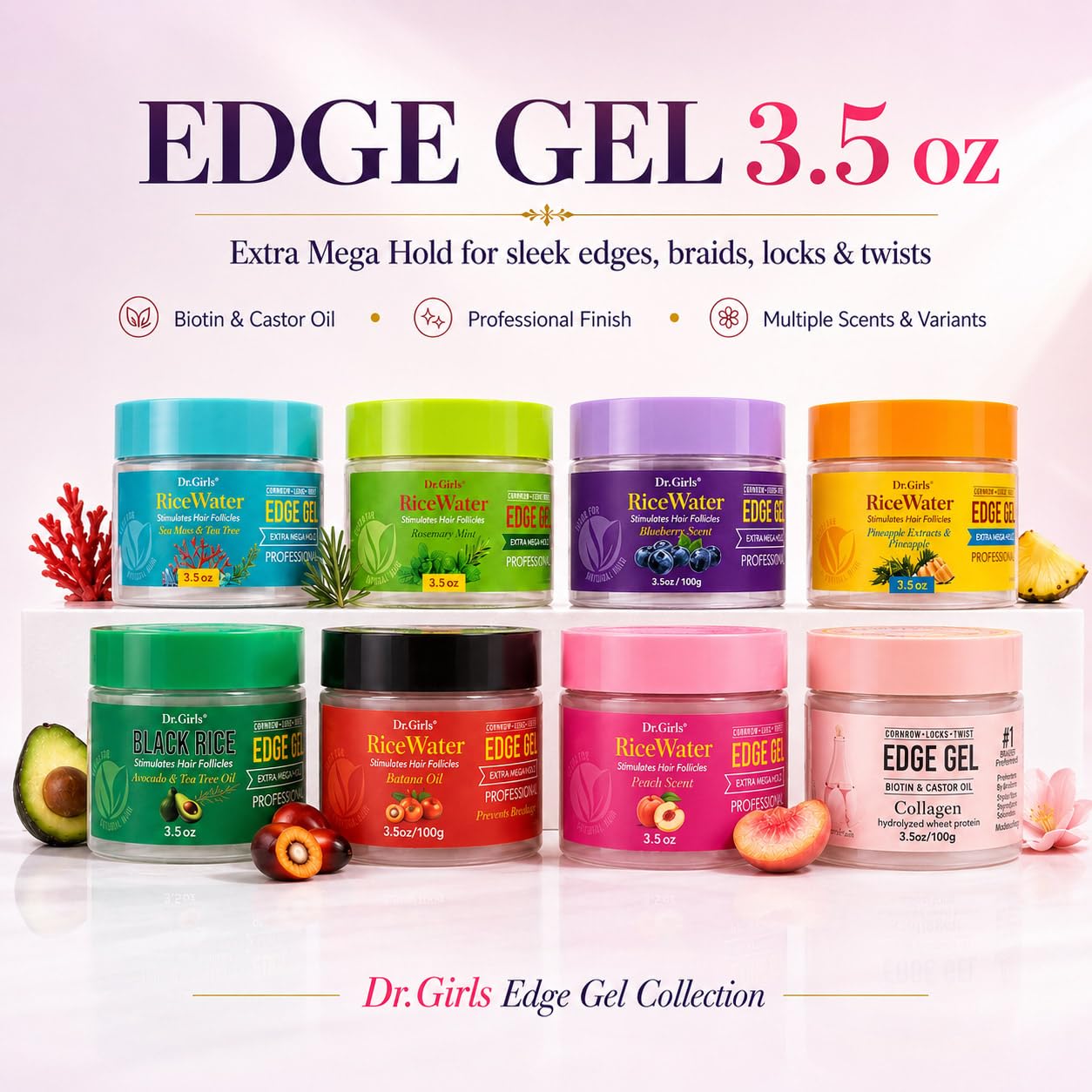 Dr. Girls Rice Water Lock & Twists Edge Gel - Extra Mega Hold for Locs, Cornrows & Twists – With Biotin, Castor Oil, Hydrolyzed Wheat Protein & Collagen – REEMAS 3.5 oz