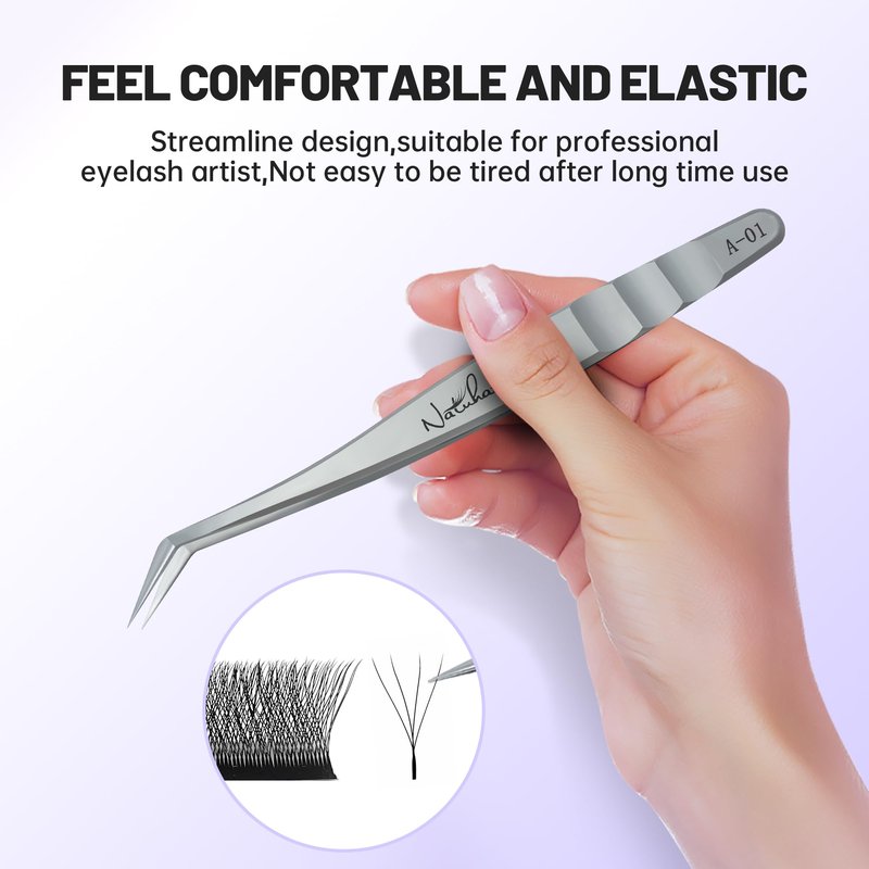 Natuhana High Precision Lash Tweezers for Individual and Volume Eyelash Extensions Premium Stainless Steel Curved Fiber Tip Professional Isolation Tweezer