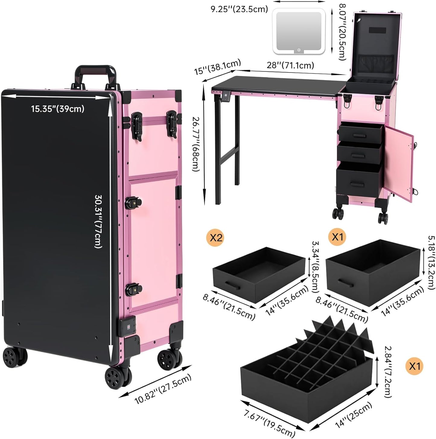 Portable Manicure Table - Rolling Nail Desk with 3 Drawers & Lockable Makeup Case | Pink with Detachable Mirror