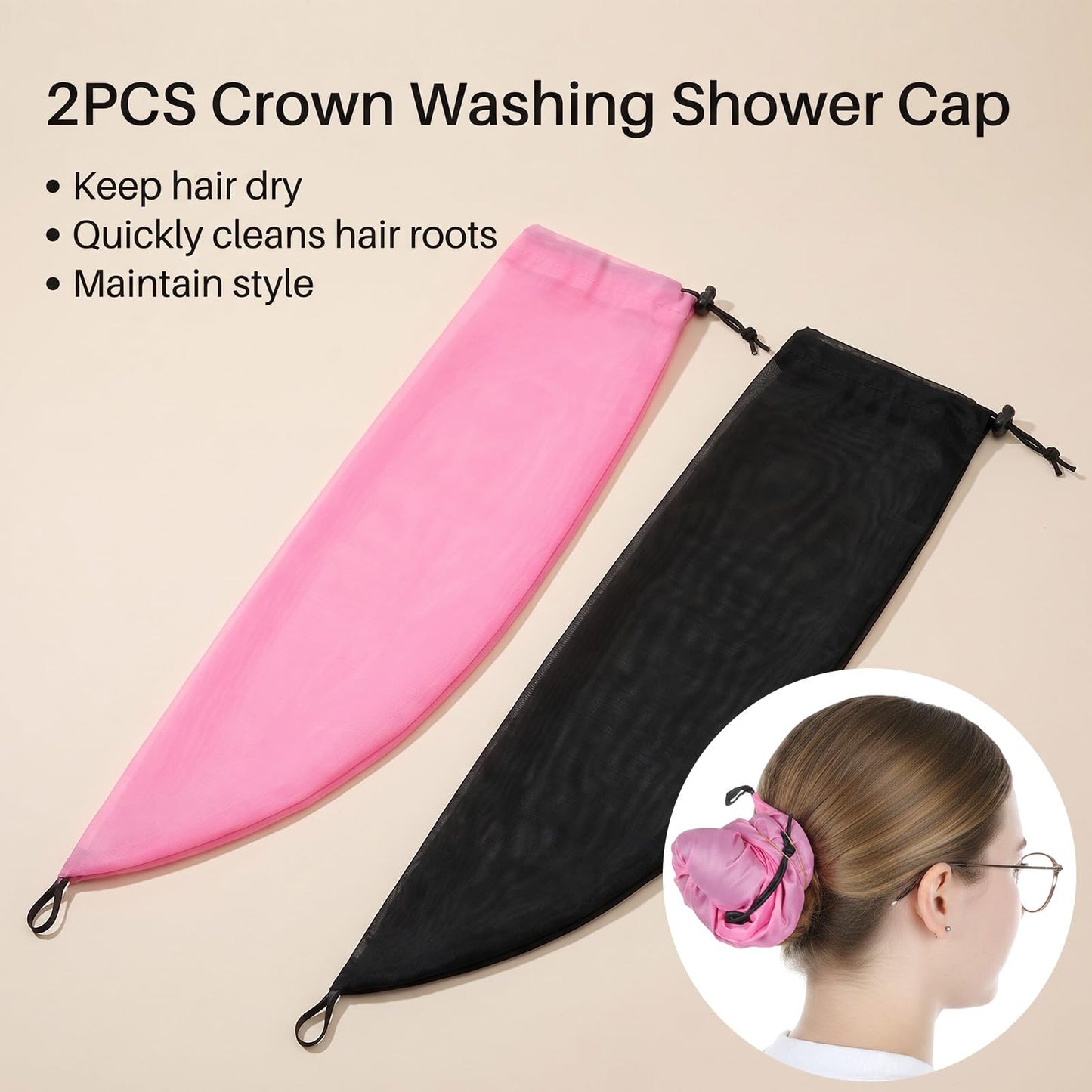 Gjinxi 2 PCS Waterproof Hair Sleeve for Long Hair, Crown Washing Shower Ponytail Adjustable Reusable Quick Root Refresh Cap Protect Styled Bathing Hat for Women Shower Gym Travel Pool Beach