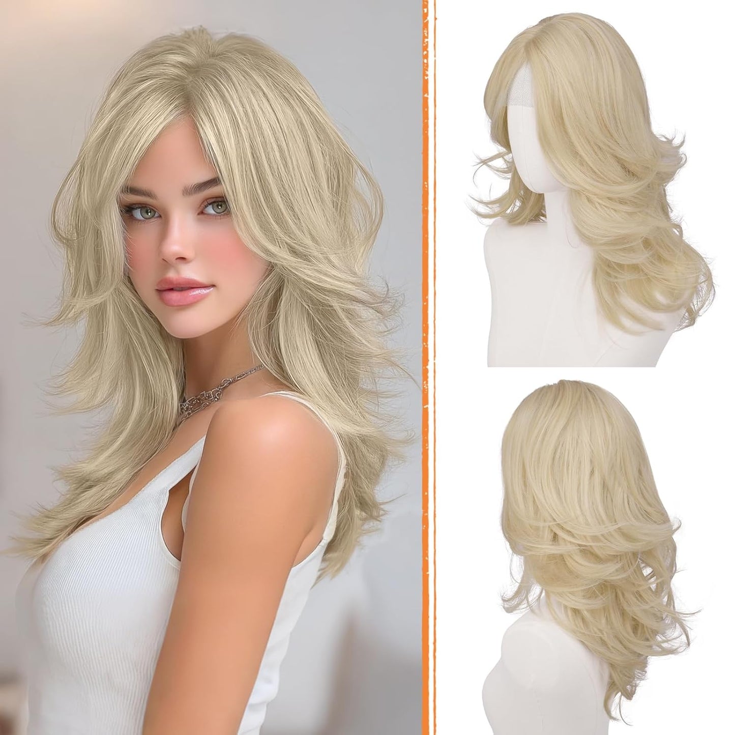 Blonde Layered Wig with Curtain Bangs - Natural-Looking Synthetic Hair | 20 Inch Light Blonde