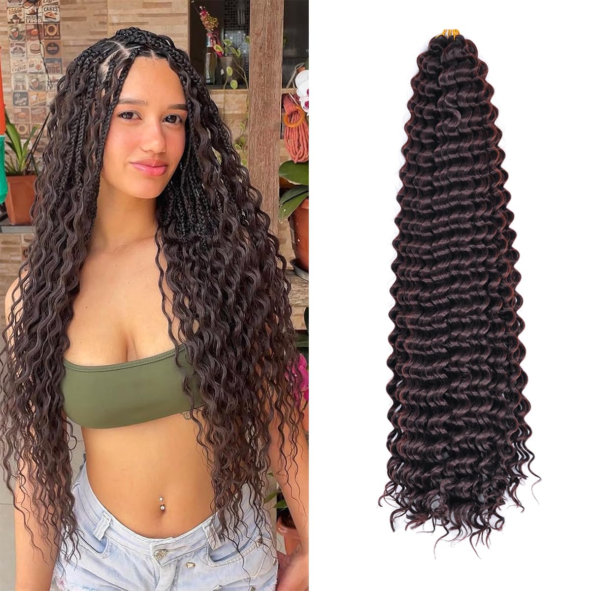 Ocean Wave Crochet Hair Extensions - Deep Wave Synthetic Braiding Hair for Women | 24 Inch, #1B (Pack of 2)