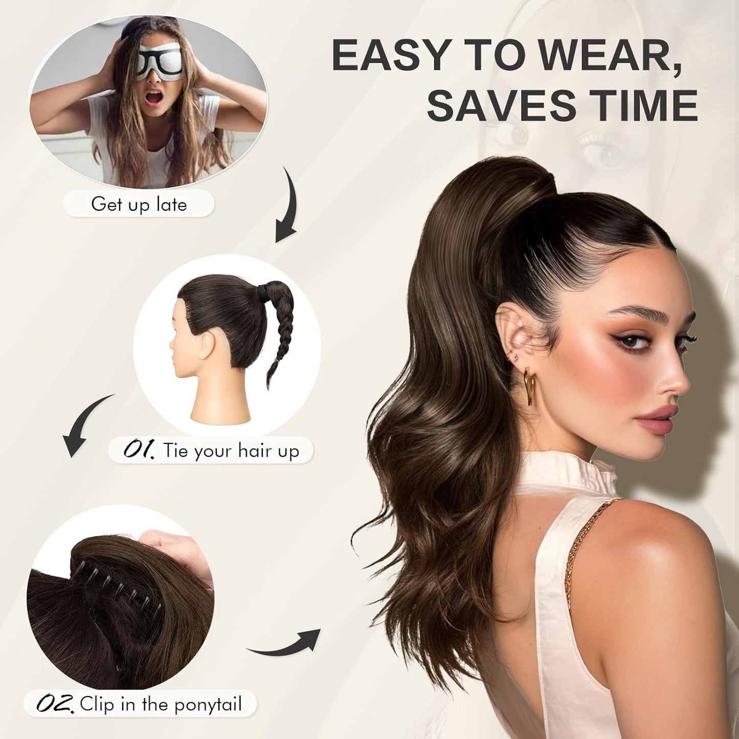 Sofeiyan Claw Clip Ponytail Extension - 16" Curly Wavy Synthetic Hairpiece | Medium Brown & Light Auburn