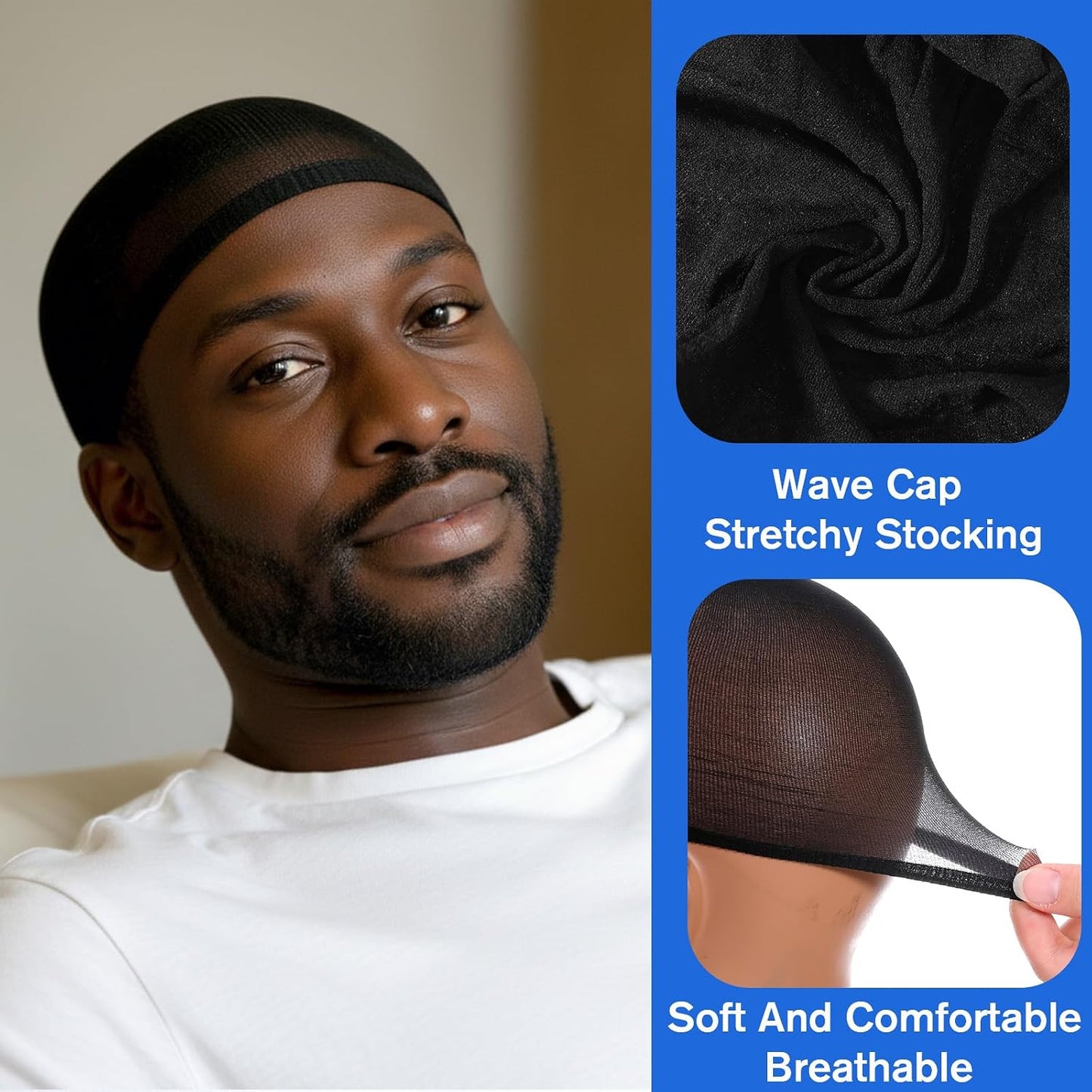 Wave Cap for Men - 10 Pack Soft Breathable Black Stocking Caps | Comfortable Elastic Hair Caps for Sleeping & Exercise