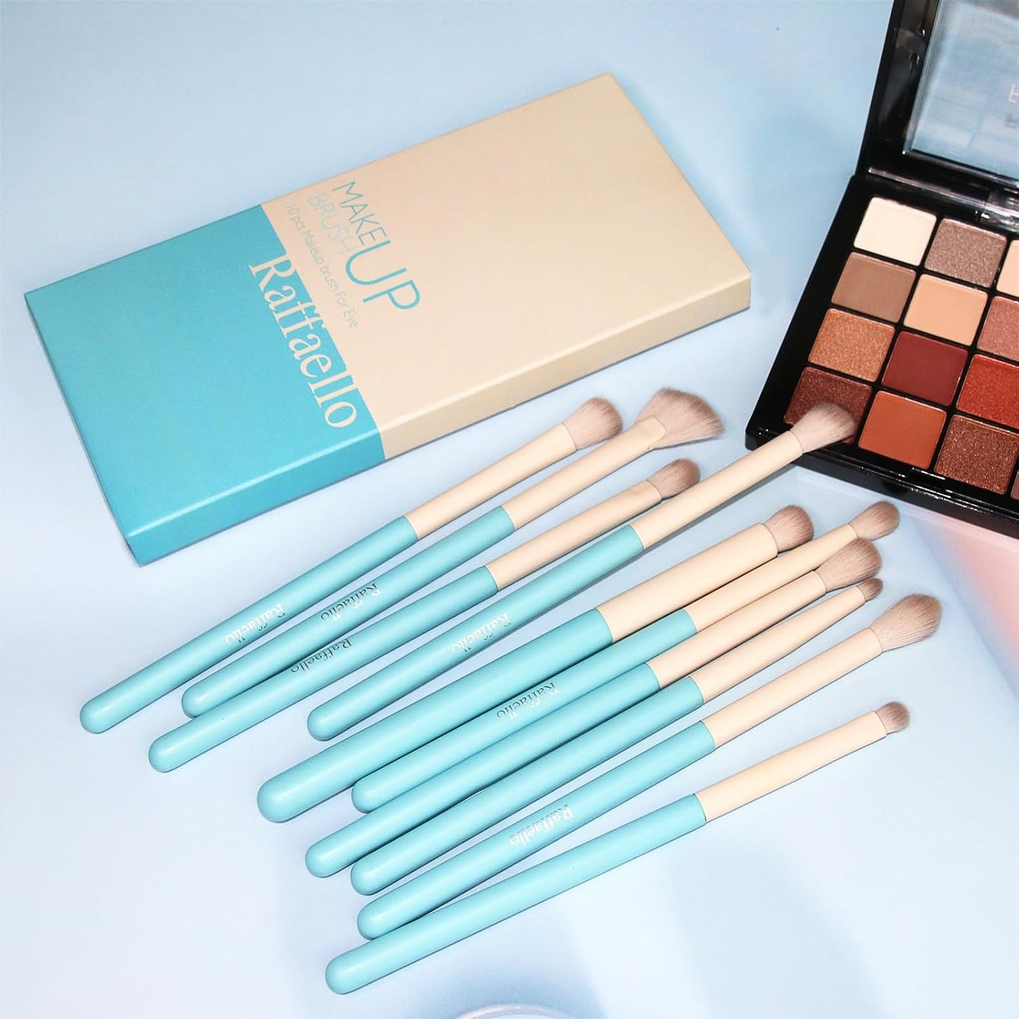 Raffaello Eyeshadow Brush Set - 10 Professional Eye Makeup Brushes for Liquid, Cream & Powder | Soft Bristles, Wood Handle, Blue