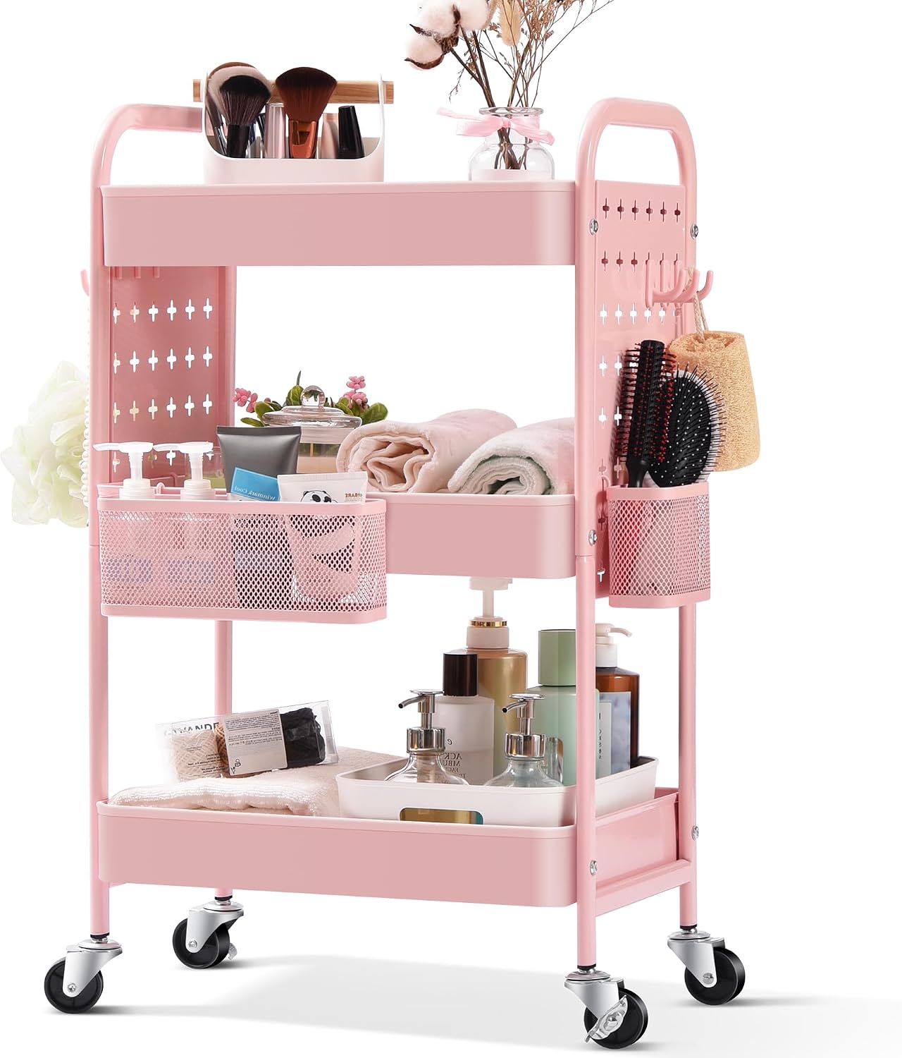 Metal Rolling Storage Cart - 3-Tier Utility Mobile Trolley with DIY Pegboards & Baskets | Pure Pink