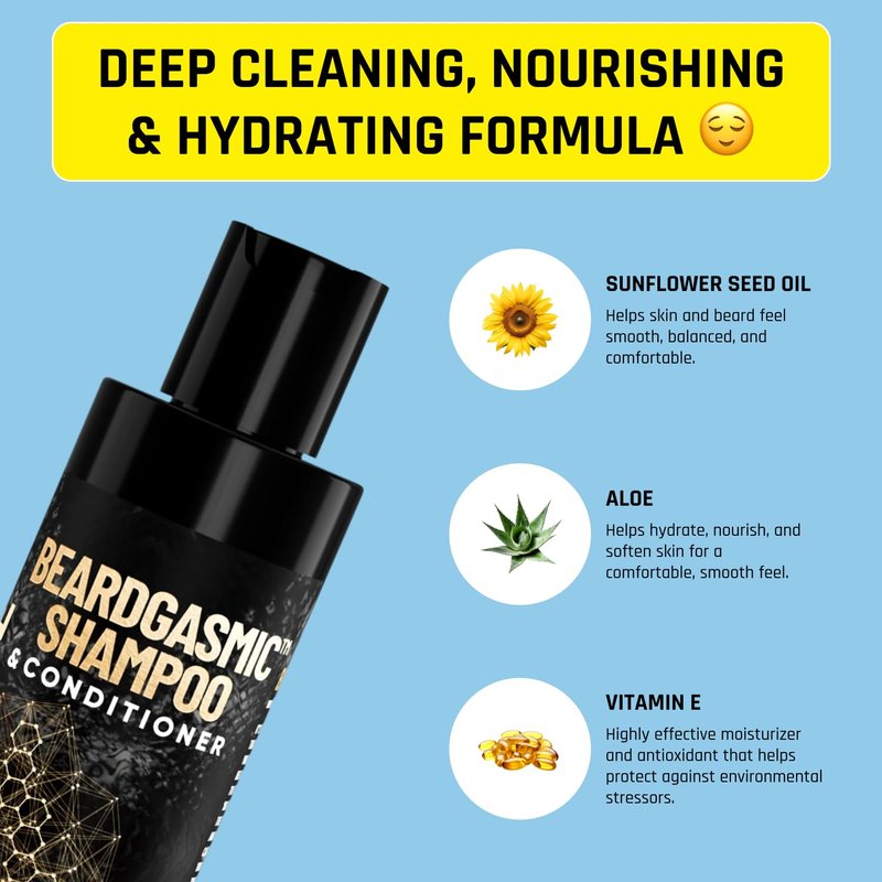 Derm Dude BeardGasmic 2-in-1 Beard Shampoo & Conditioner for Men | Formulated with Aloe Vera & Vitamin E to Clean, Hydrate & Nourish For Thicker Fuller-Looking Beard | Sulfate-Free, Cedar & Citrus 4oz